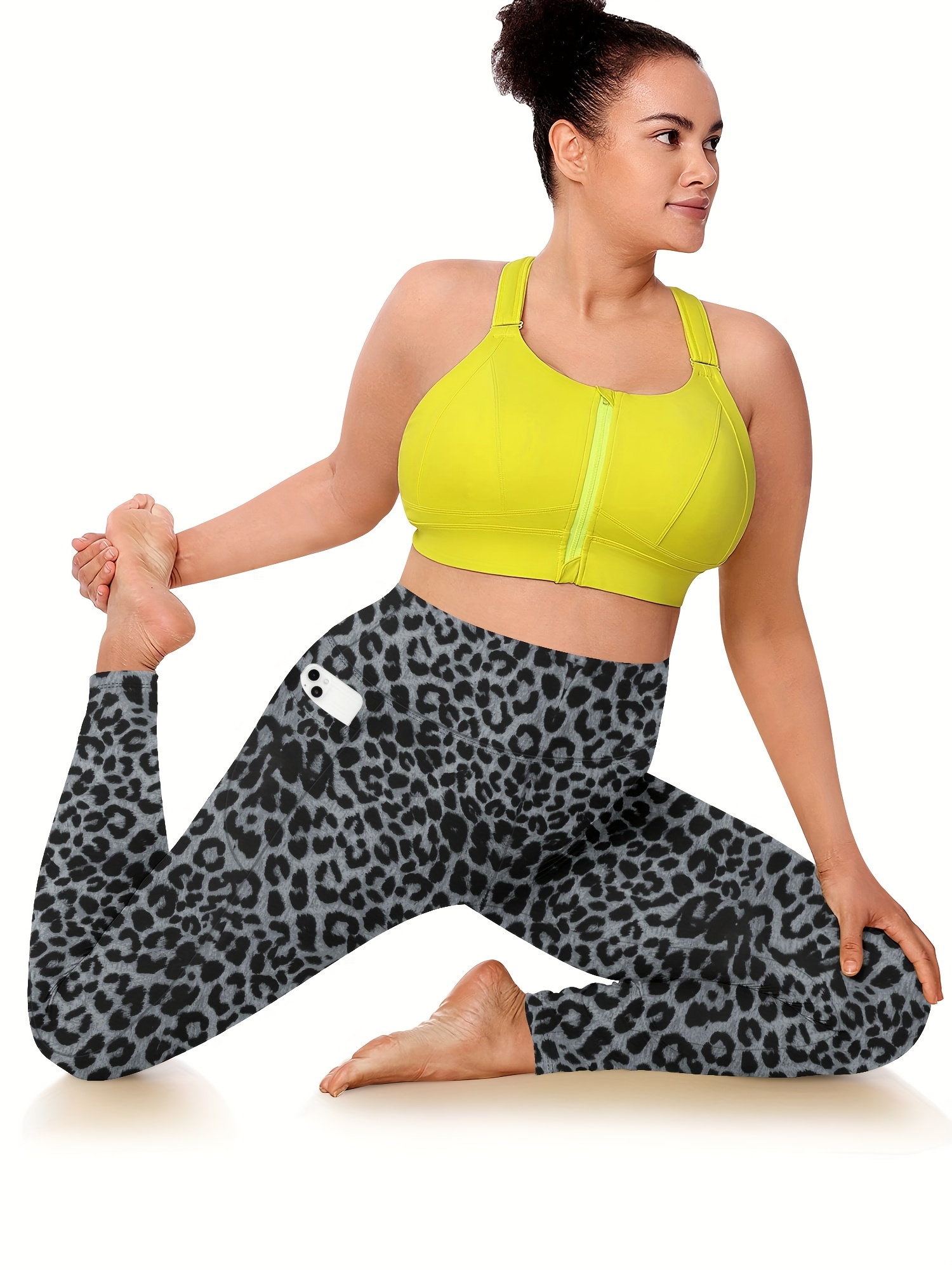 Women'S Plus Size High Waist Tummy Control Leggings with Side Pockets, 88% Polyester 12% Elastane, Knit Fabric, Stretchy Cropped Yoga Pants for Running & Fitness, All Season Solid Color Athletic Skinny Pants