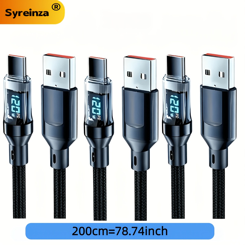 Image of 3 Sets Of 120w Super Fast Charging Usb A To Type-c Data Cables, With Led -time Power Display, Matte Surface Significantly Improves Data Transfer Speed, Suitable For Iphone 17/16/15 Data Transfer