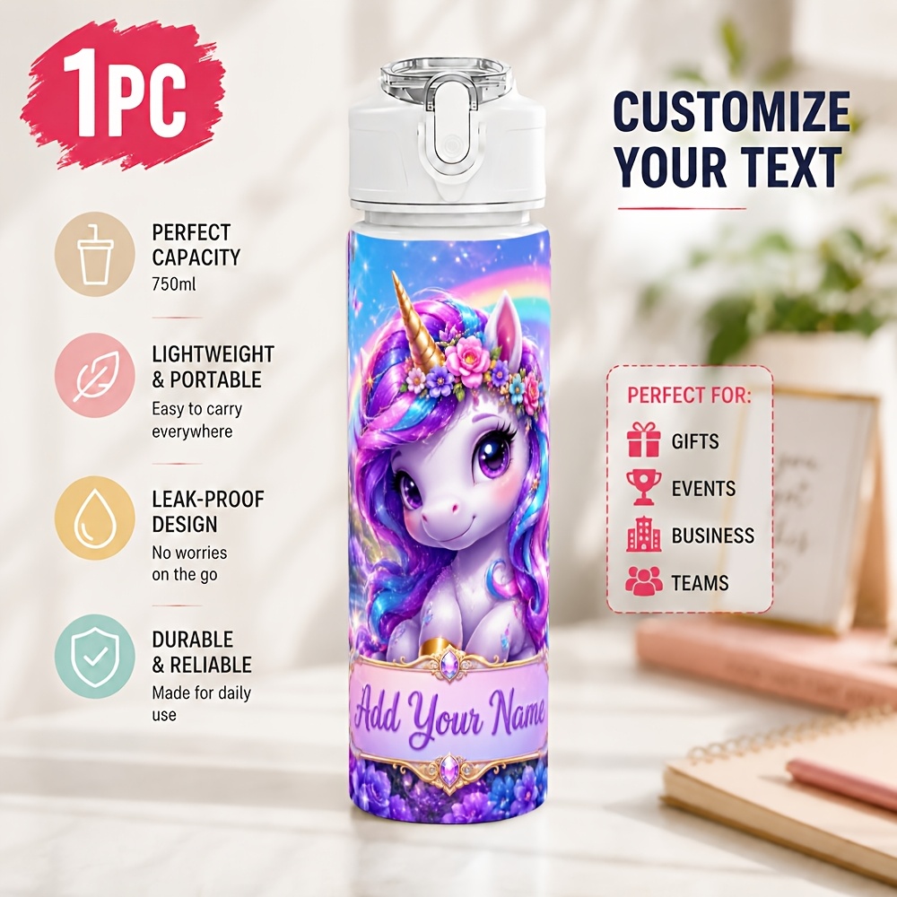 TEMU 1 bouteille d' personnalisée en plastique Lune d'Unicorn, design avec nom, à offrir, gourde d'hydratation de 750 ml avec ouverture à