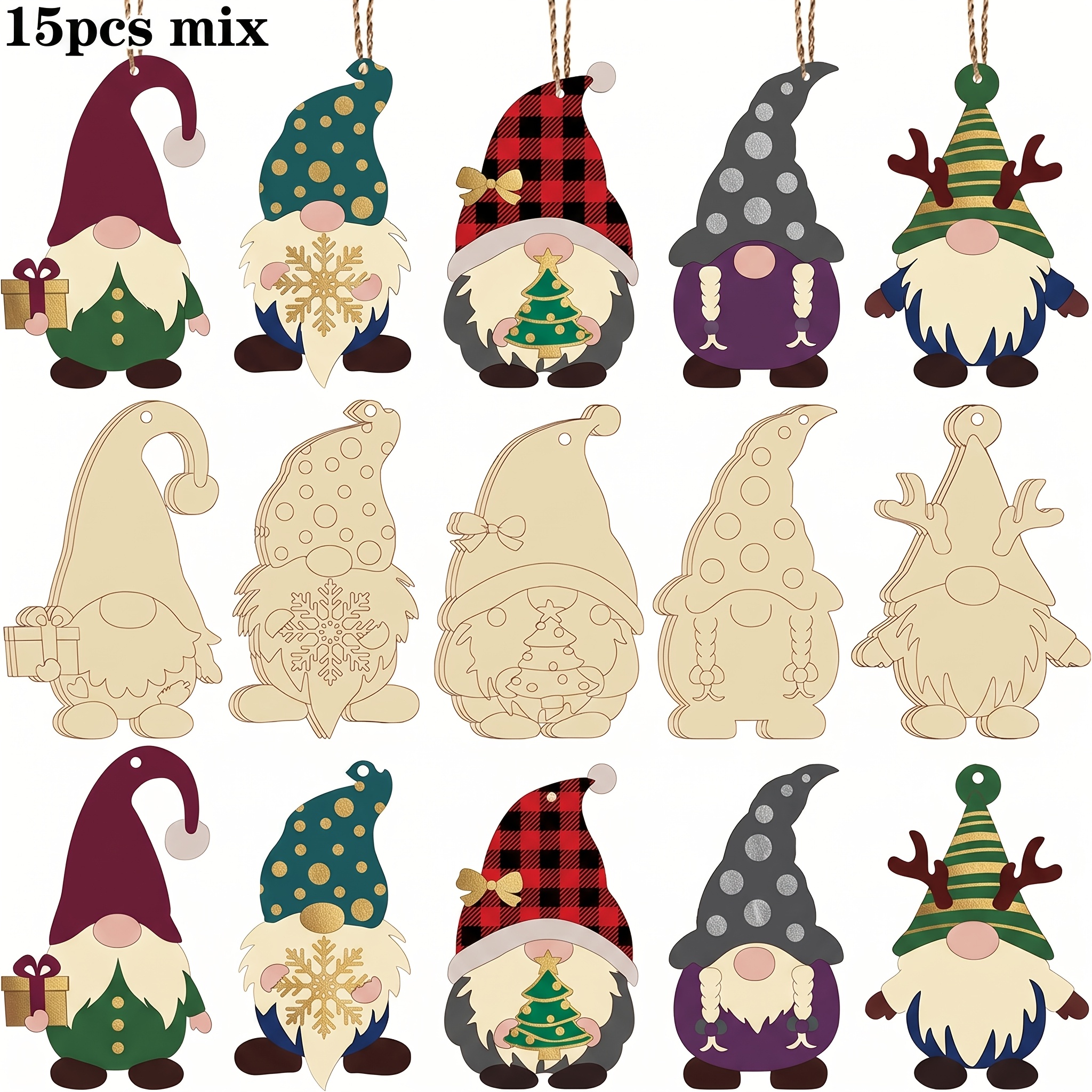 TEMU 15pcs Set Of Christmas-themed Blank Wooden Hanging Ornaments In Gnome And Elf Shapes, Santa Claus And Christmas Tree Designs, Wooden Christmas