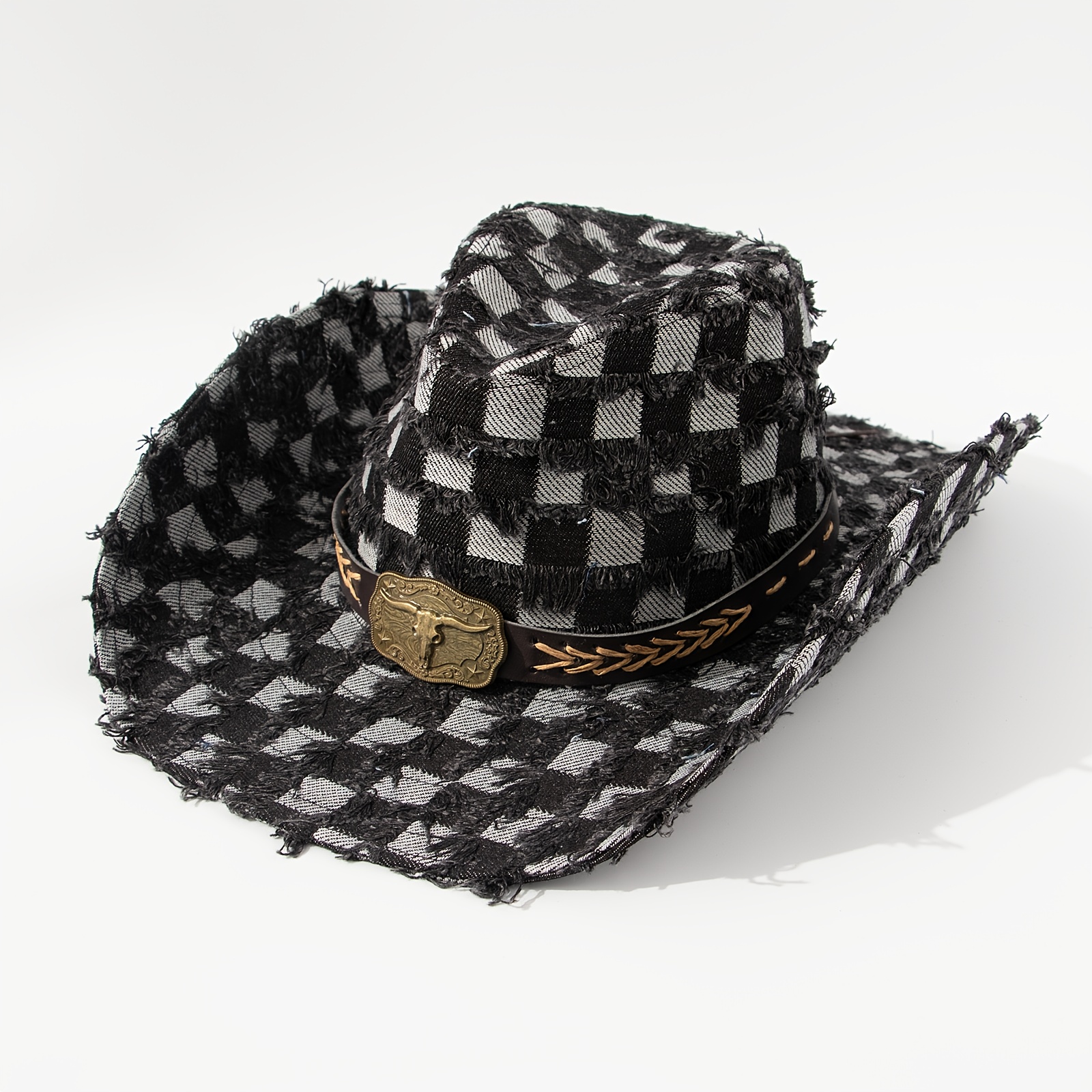 a fringed checkerboard denim cowboy hat in bronze color  display picture 2