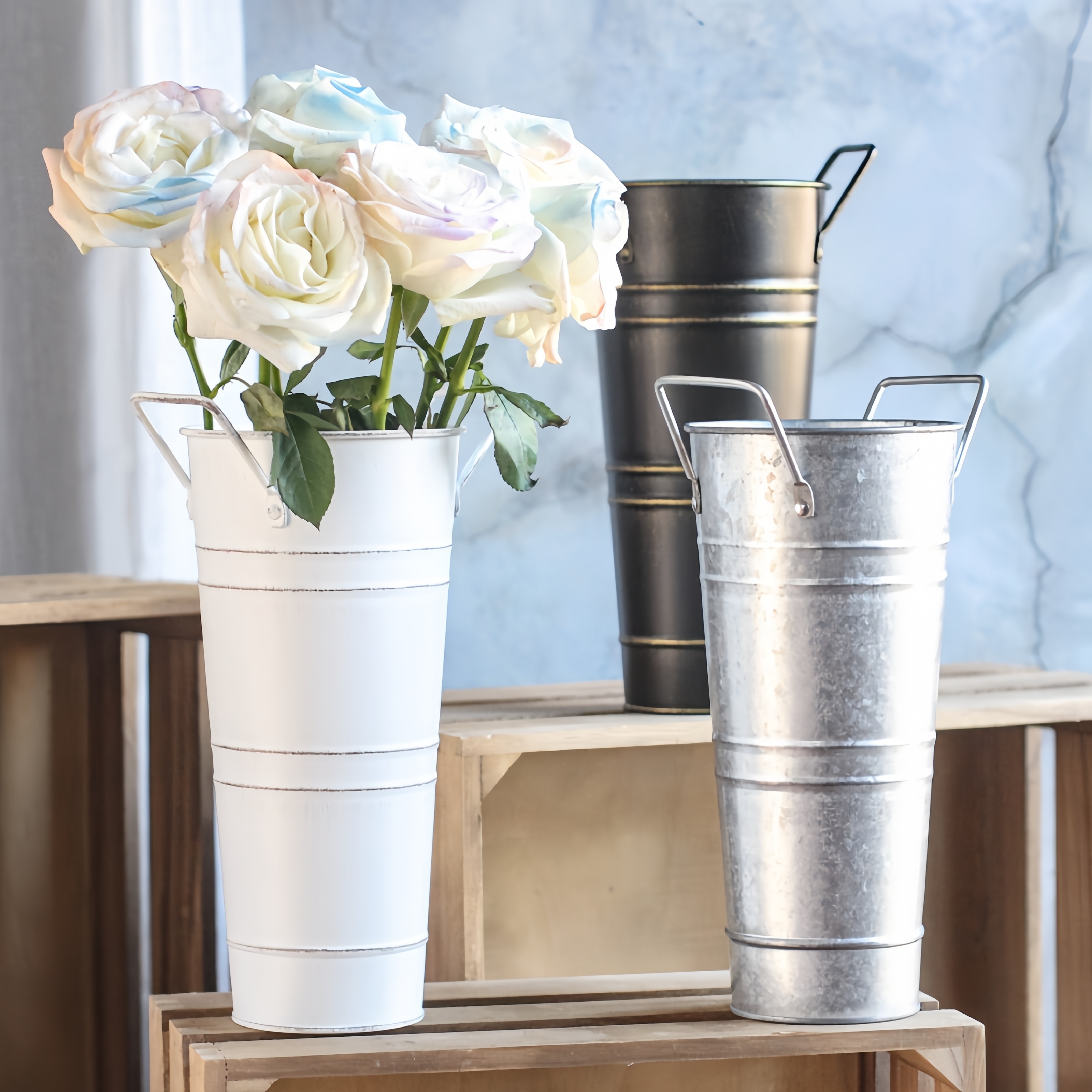 

2pcs Distressed Vase, Galvanized Plate Iron Leather Bucket, Leak-proof Water Vase, Retro Distressed Bucket, Flower Arrangement Decoration, Home Decoration, Display Bucket