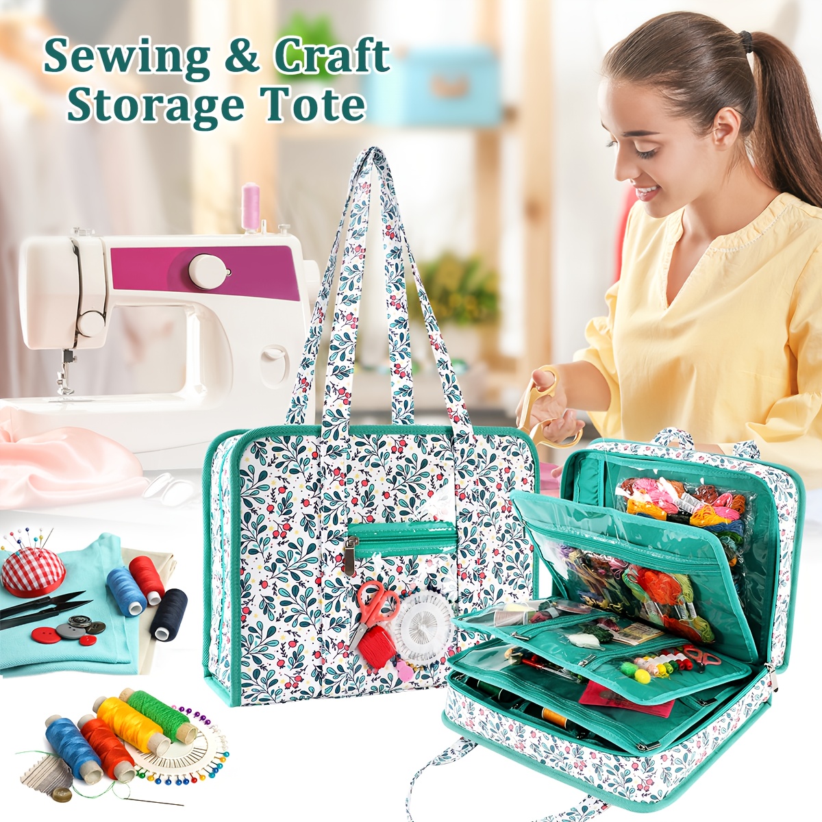 TEMU 1pc Storage Tote For Sewing And Crafting, Featuring A Spacious Design For Travel Packing, Equipped With Transparent Pockets For Knitting,
