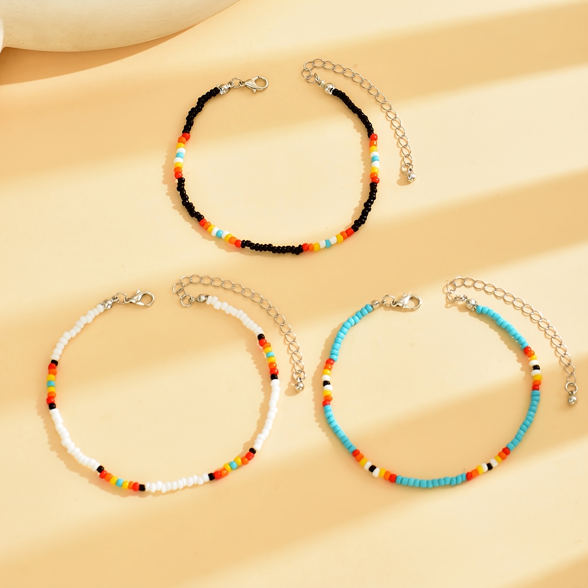 Image of 3pcs/set Beach Bohemian Woven Beaded Fashion Creative Seed Bead Anklet, European And American Simple Elegant Woven Vintage Beaded Foot Jewelry For Women