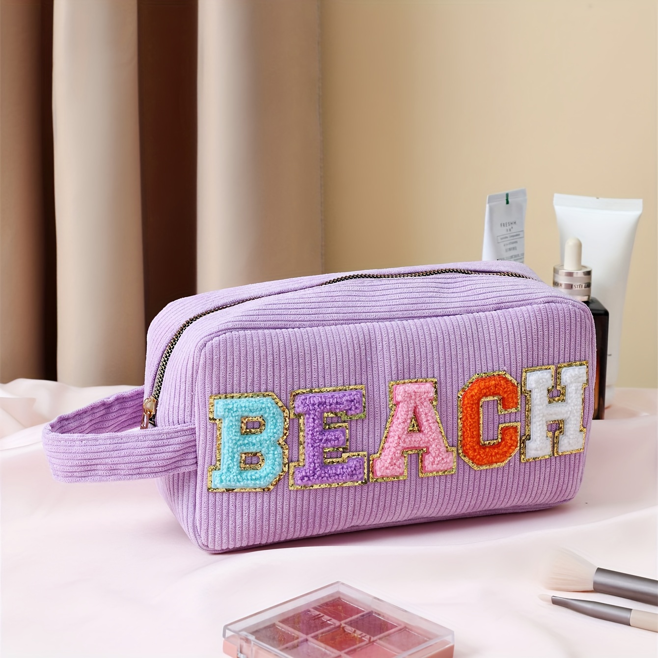 1/4pcs Preppy Corduroy Makeup Bag, Freshman Letter Patch Zipper Pouch, Large Capacity Fashion Wallet Organizer, Portable Travel Cosmetic Bag Accessory Organizer