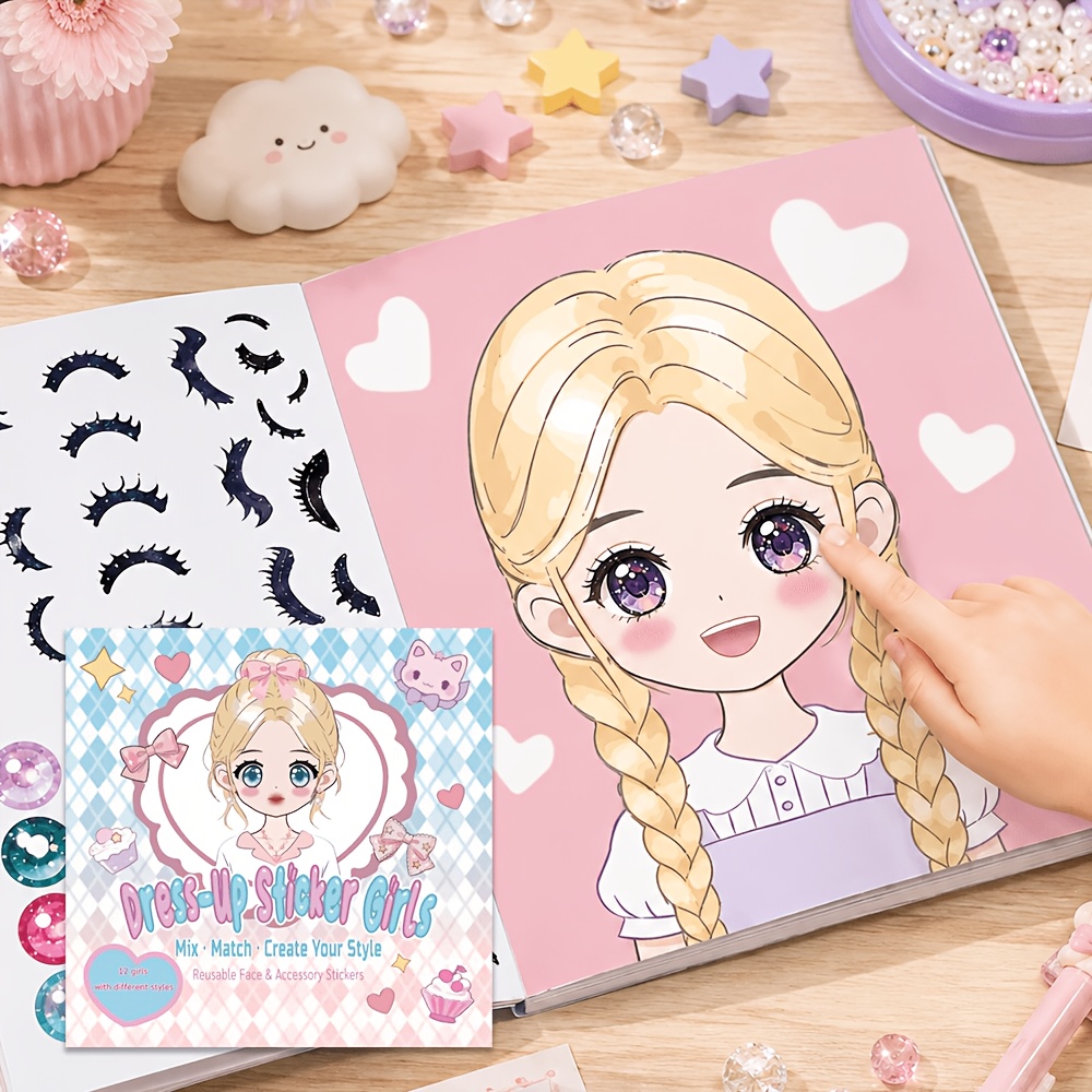 TEMU Children Dress-up Sticker Book, Reusable Face And Accessory Stickers, Blonde Cartoon Girls, Mix-and-match-create Your Own Style, 12 Different