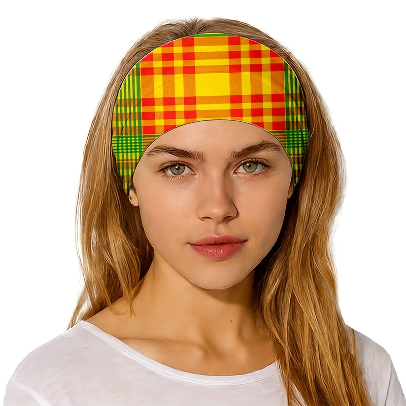 TEMU Bandeau 2D PLAT Rouge Jaune Vert à Carreaux Patchwork, Yoga / Gym / Course / Cyclisme, Voyage / Sortie / Plage, Antidérapant / Design Nœud /