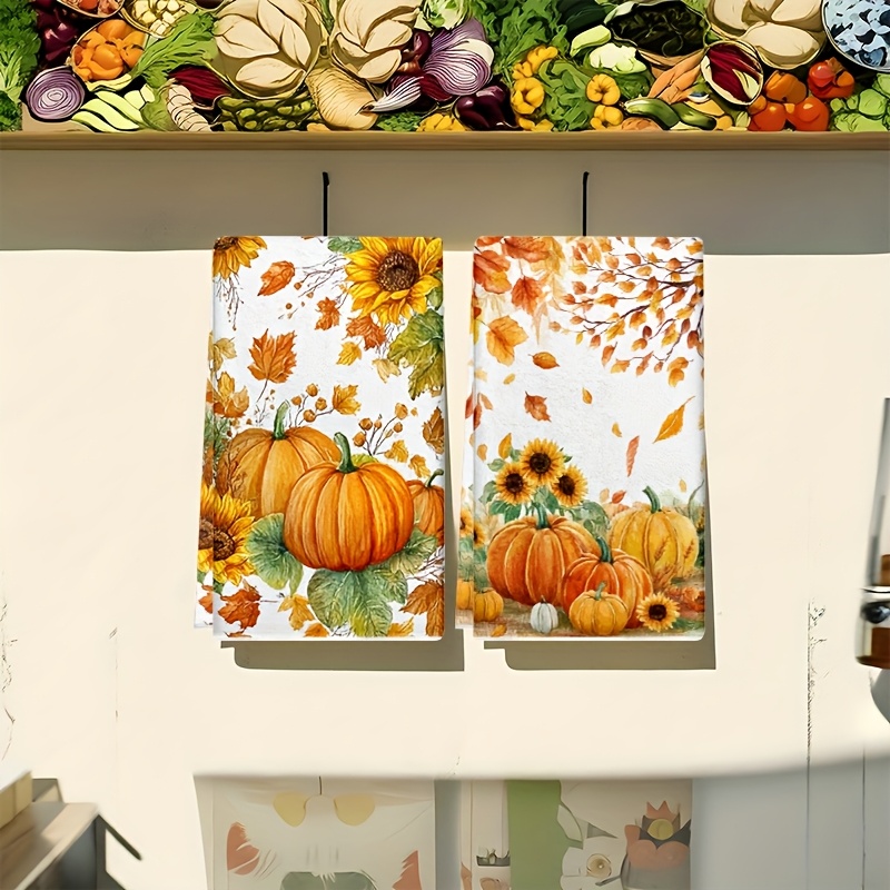 TEMU 2pcs Pumpkin Sunflower Pattern Kitchen Towels, Dish Towels, Suitable For Restaurant, Kitchen And Bathroom Indoor Decoration, Party Decoration,
