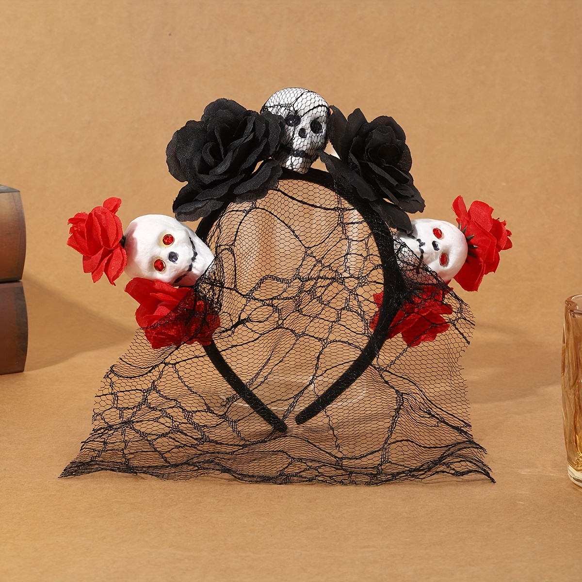 Coiffe Halloween – Bandeau Fleur Rose Avec Crâne En Tissu, Accessoire Cosplay Carnaval, Taille Unique, Noir/rouge