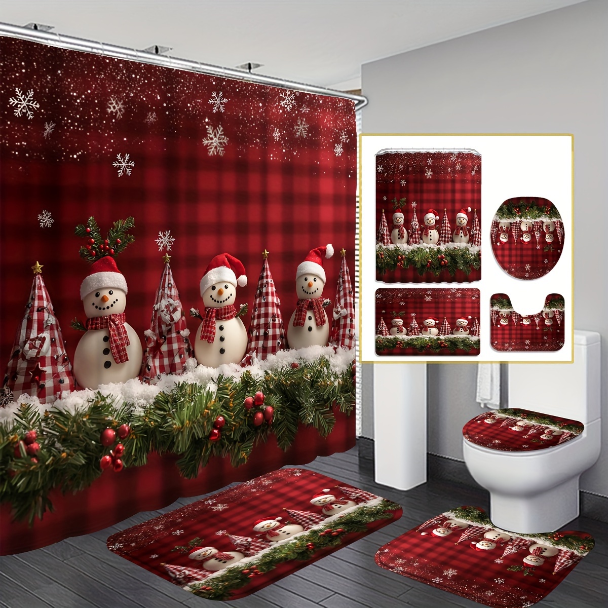 

1pc/4pcs Christmas Ornaments, Christmas, Pattern Shower Curtain, 12 Shower Curtain, Bathroom Rug, U-shaped Mat, Lid Mat, Bathroom Decorations, Bathroom Shower Curtain Set Christmas