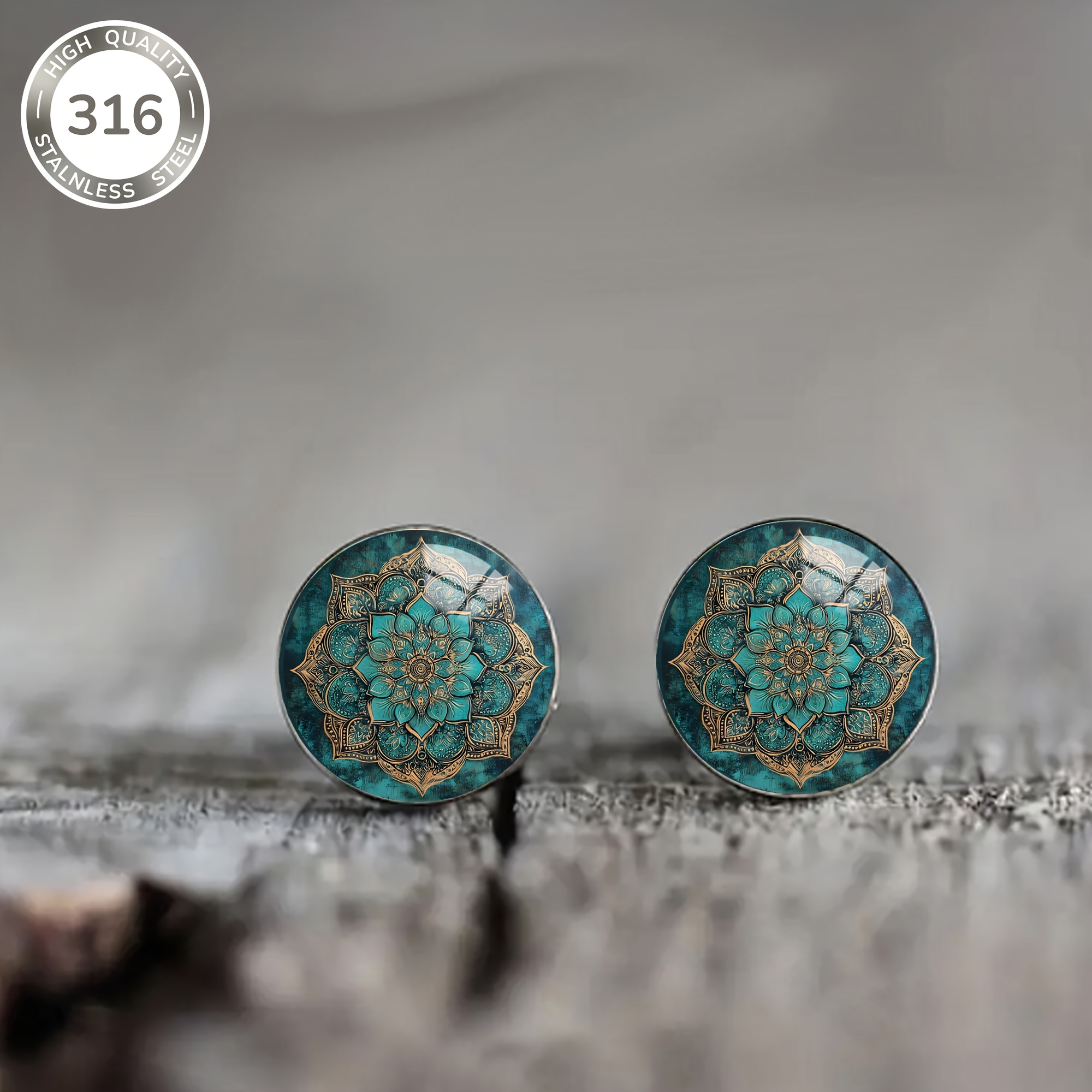 1 Pair Of Women's Fashion Earrings, Peacock Green Gold- Geometric Floral Pattern, Elegant Style, Steel Material Inlaid With Convex Glass, Suitable For Daily Party Wear, Birthday Gift