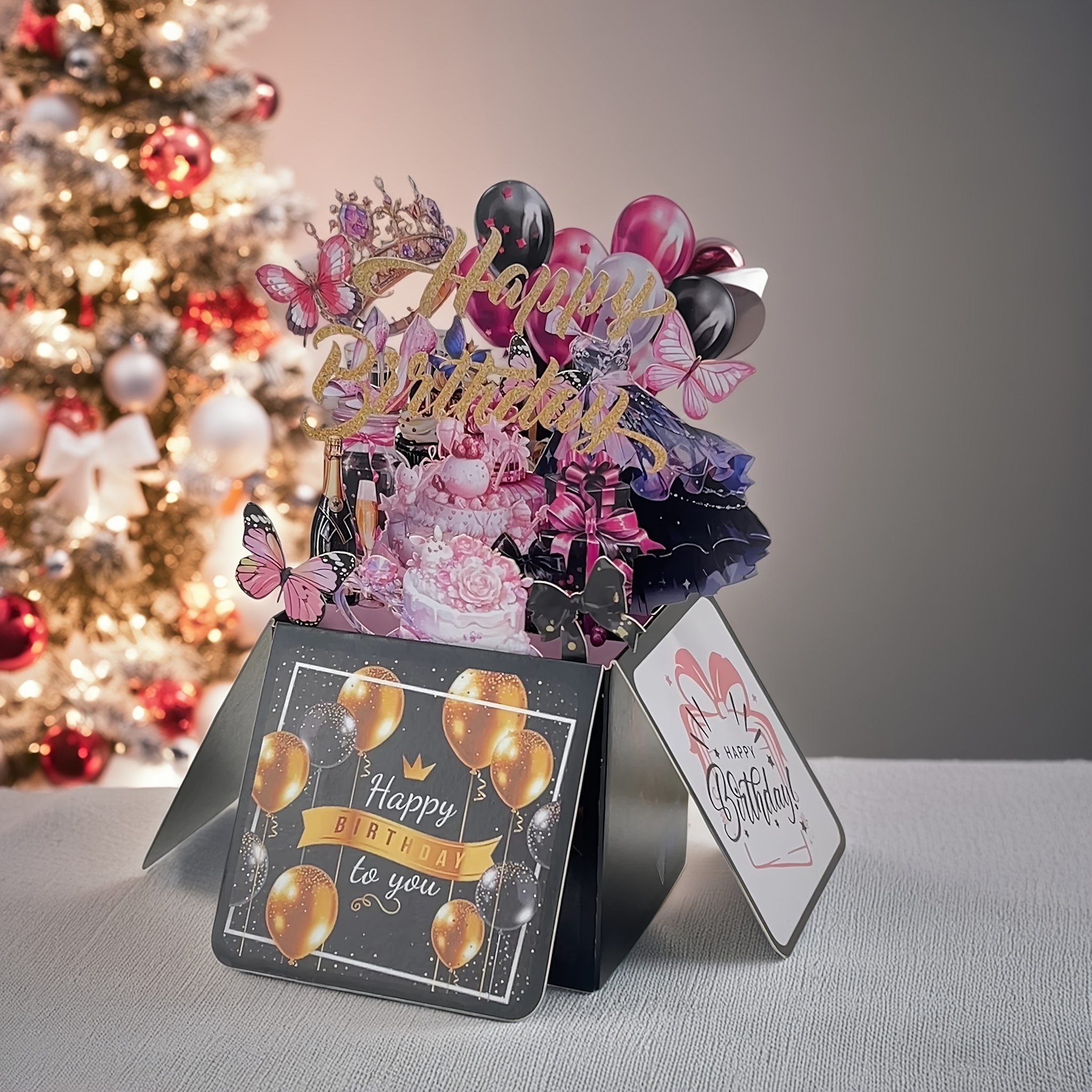 TEMU A 3d Pop-up Birthday Card Featuring A Decorative Box, Complete With Balloons, Butterflies, And Cake Decorations - Suitable For Birthday Parties