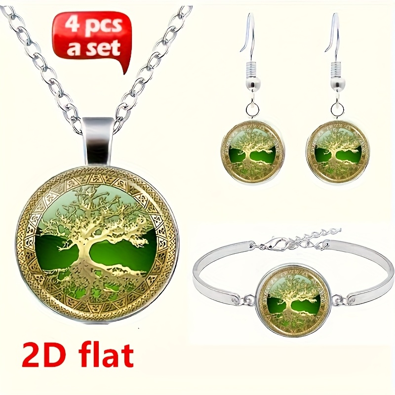 2d Flat - Set Of 4pcs Including A 2d Flat Classic Jewelry Collection Featuring Celtic Tree Of , Comprising A Glass Alloy Cabochon Necklace, Earrings, And A Bangle, Perfect As Unique Gifts For Women