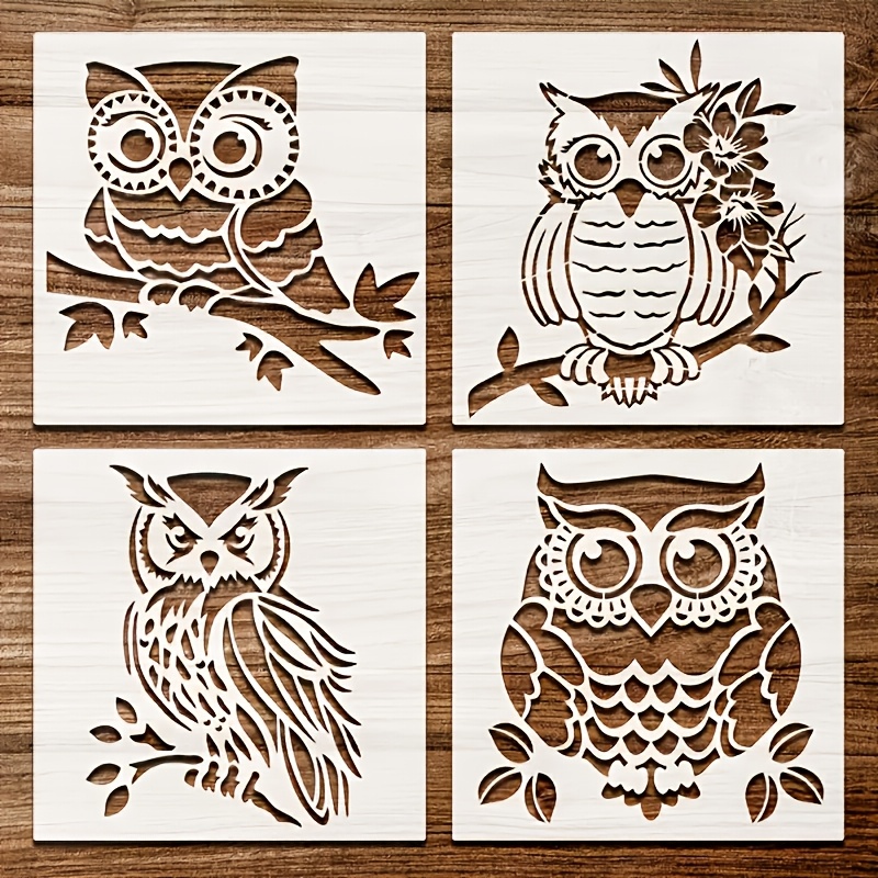 TEMU Lot de 4 modèles de dessin réutilisables avec des hiboux sur des branches, 6x6 pouces , lavables, adaptés pour toile, murs, tissus, papier et