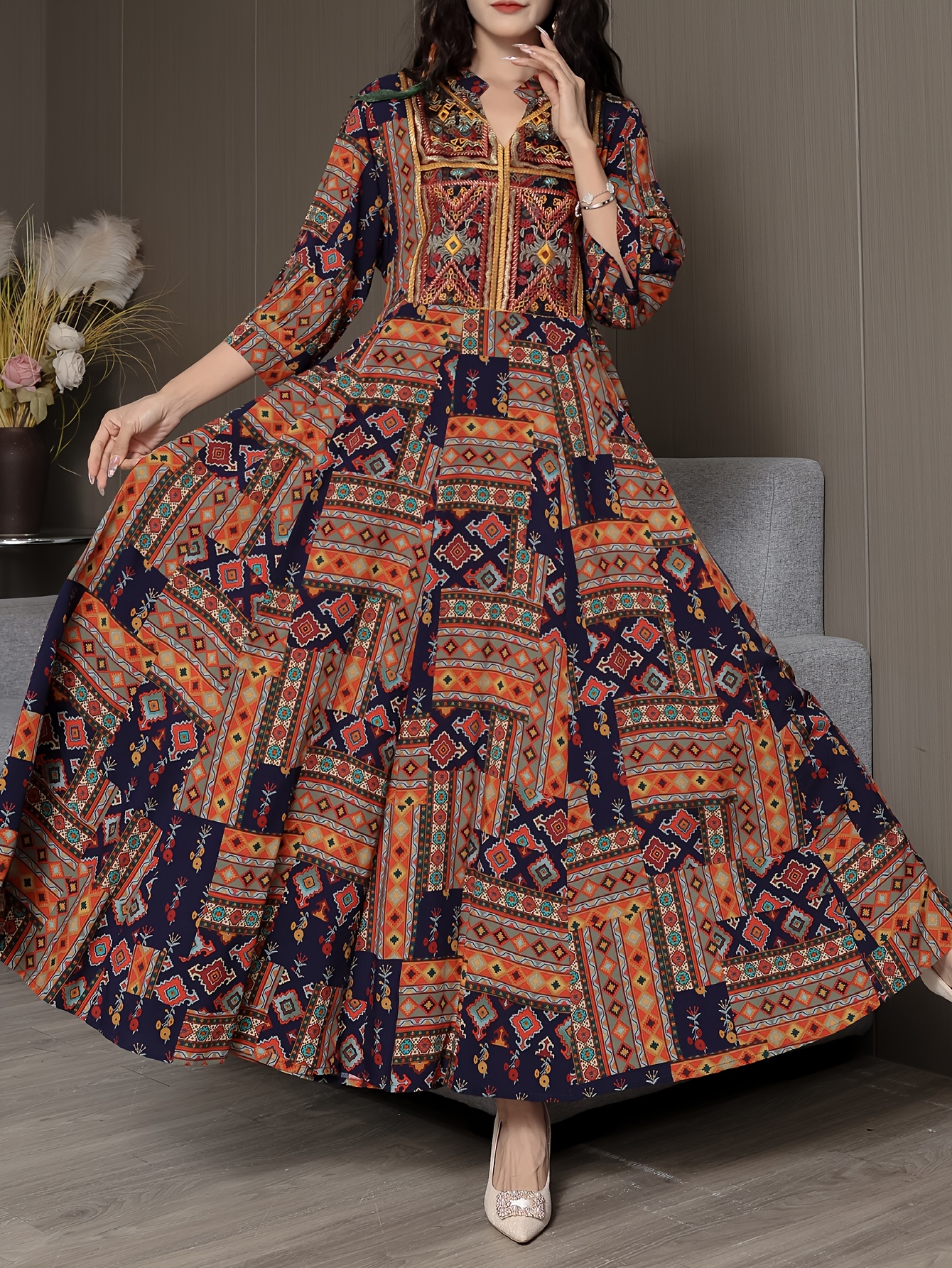 Embrace bohemian elegance in the Newness Dubai Nights Embroidered Maxi Dress This flowing polyester gown features intricate embroidery and a chic geometric pattern