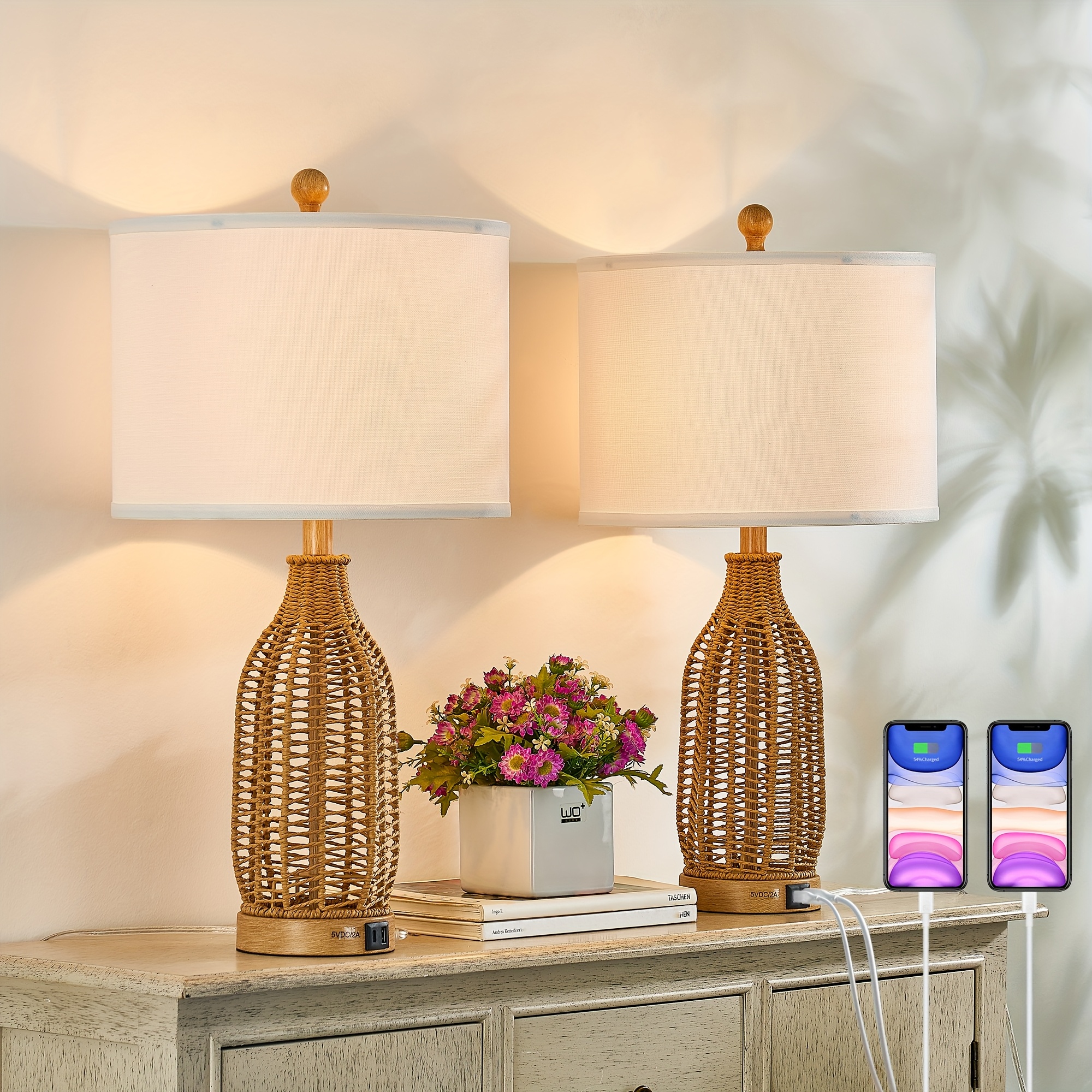 TEMU 25 Inches Table Lamp Set Of 2, Boho Nightstand Lamp With Usb Charging Port, Bedside Lamp With Openwork Paper Rope Weaving In , Farmhouse Table