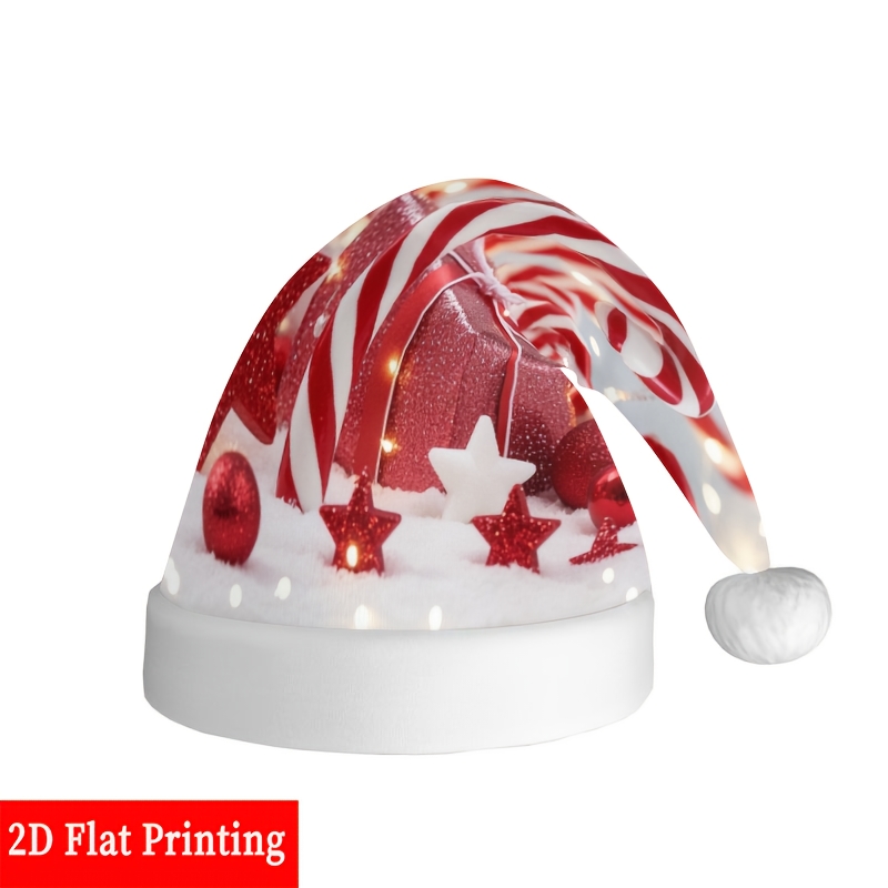 2D Plat, Vrolijk Kerstfeest Rood & Wit Gestreepte Snoepstokken & Sneeuwvlokken Print 2D Platte Print Kerstmutsen