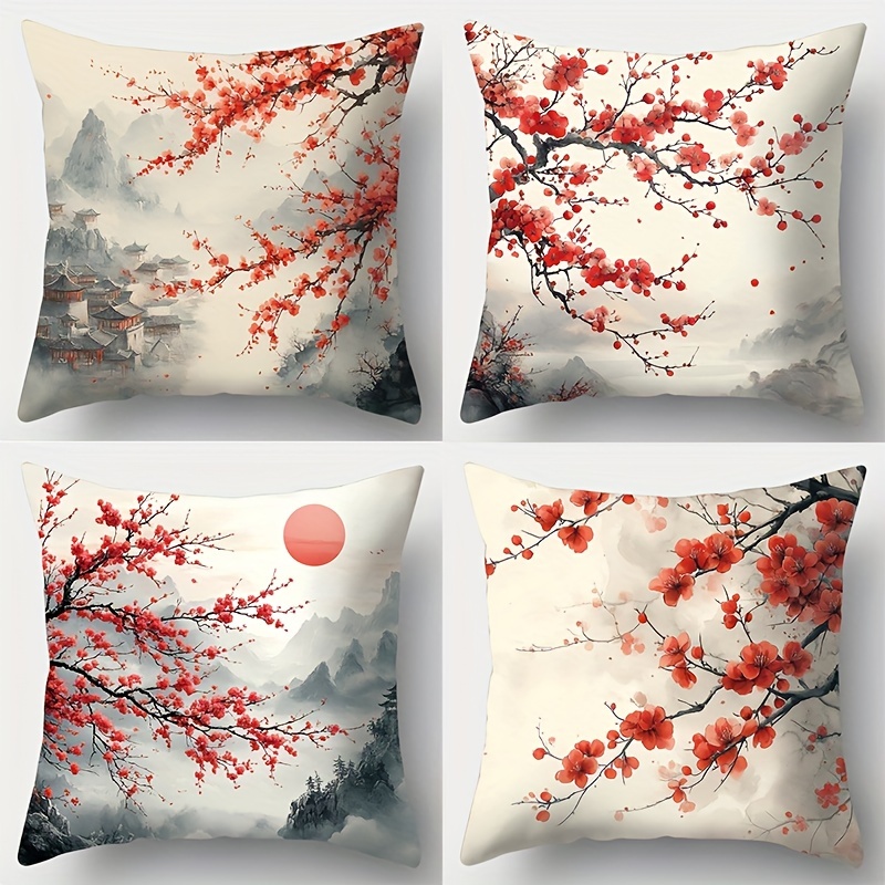 

4-piece Contemporary Throw Cushion Covers Set With Ink Plum Design, Hand-washable Print, Zippered Polyester Cases For Living Room Decor, Woven Fabric With