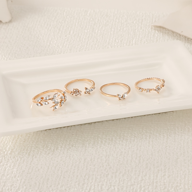 TEMU Juego de 4 anillos estilo bohemio, anillos de pareja con de y hoja, joyería de moda para regalo de boda, ideal para regalar en