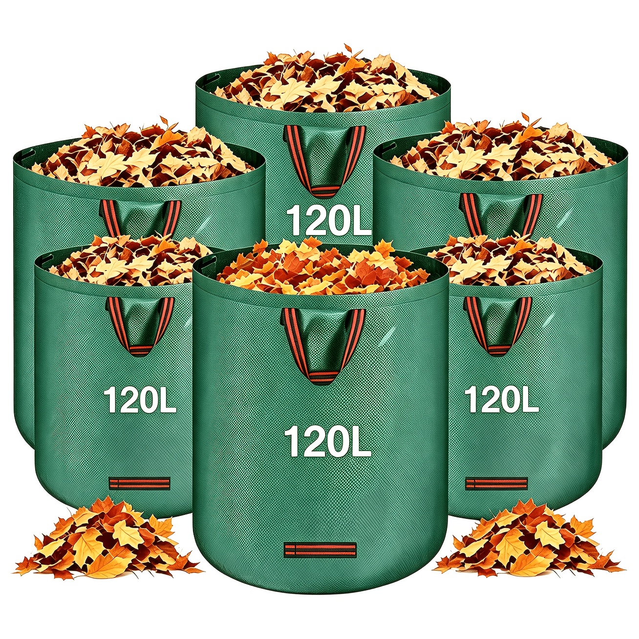 Image of 6 X 120l Garden Waste Bags - With Handles, Foldable, Reusable Bags - Garden Sacks For Collecting Fallen Leaves