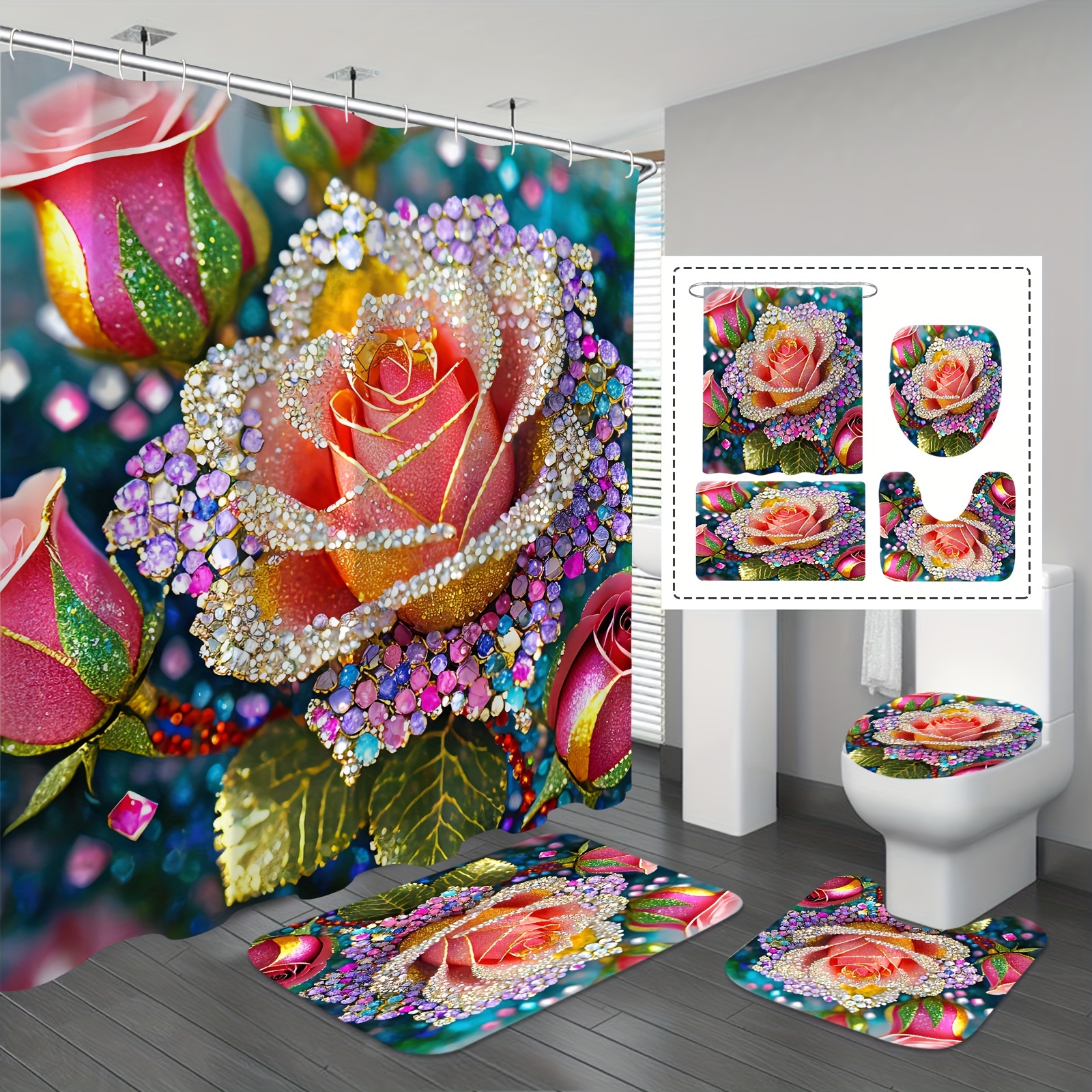 

1/4pcs Rhinestone Rose Shower Curtain Set, Bright Floral Shower Curtain With 12 Hooks, Non-slip Bathroom Rug, Toilet U-shape Mat, Toilet Lid Cover Pad, Bathroom Decor Accessories