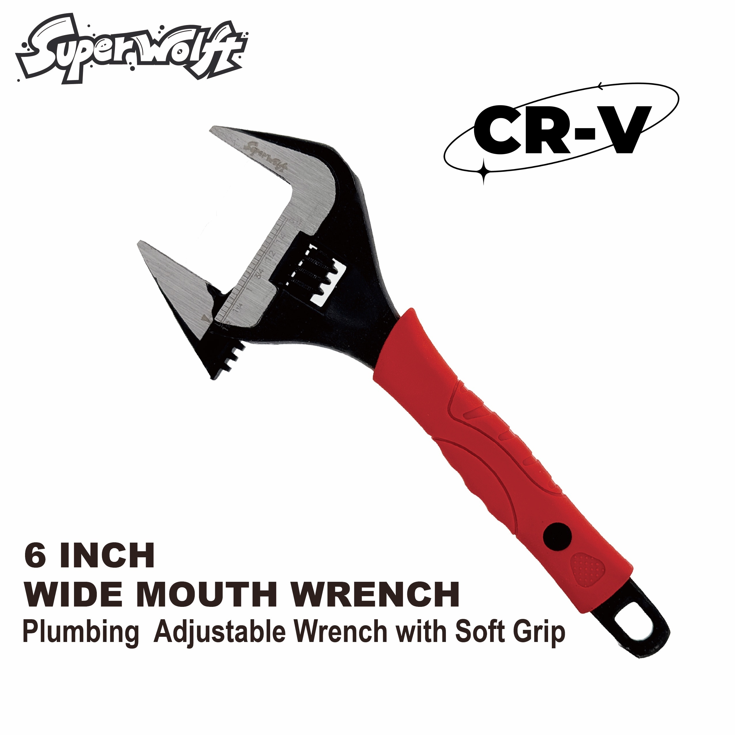 

6" Wide Mouth Adjustable Wrench With Soft Grip - Plumbing Tool - Cr-v Steel - Heat-treated - Smooth Worm Adjustment - Ergonomic Handle - 30% Deeper Jaw