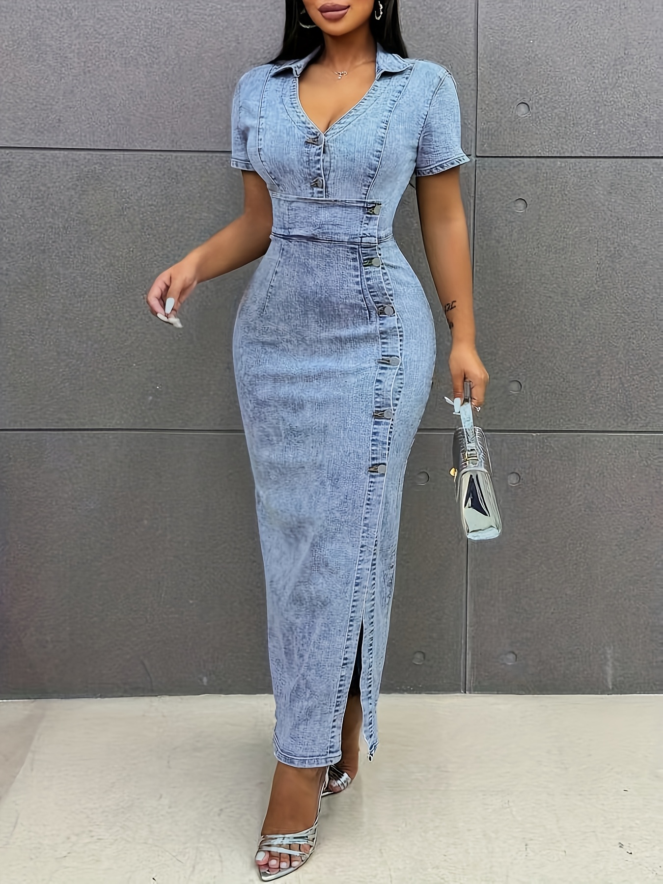 Women's Casual Button-Front Slit High-Stretch Denim Dress