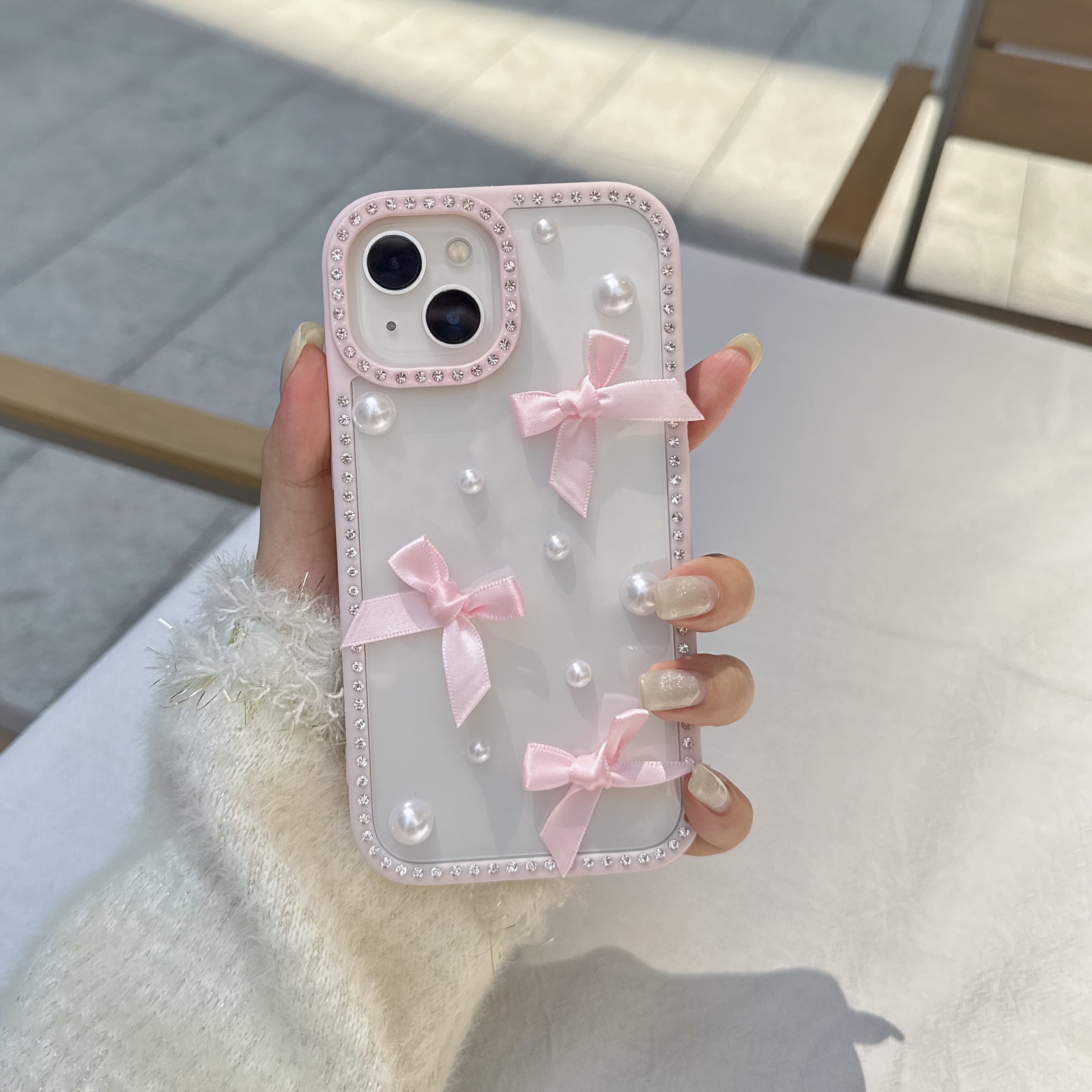 TEMU Étui de téléphone : Étui de style simple et féminin avec nœud et bordure en strass, compatible avec iPhone 16 Pro Max