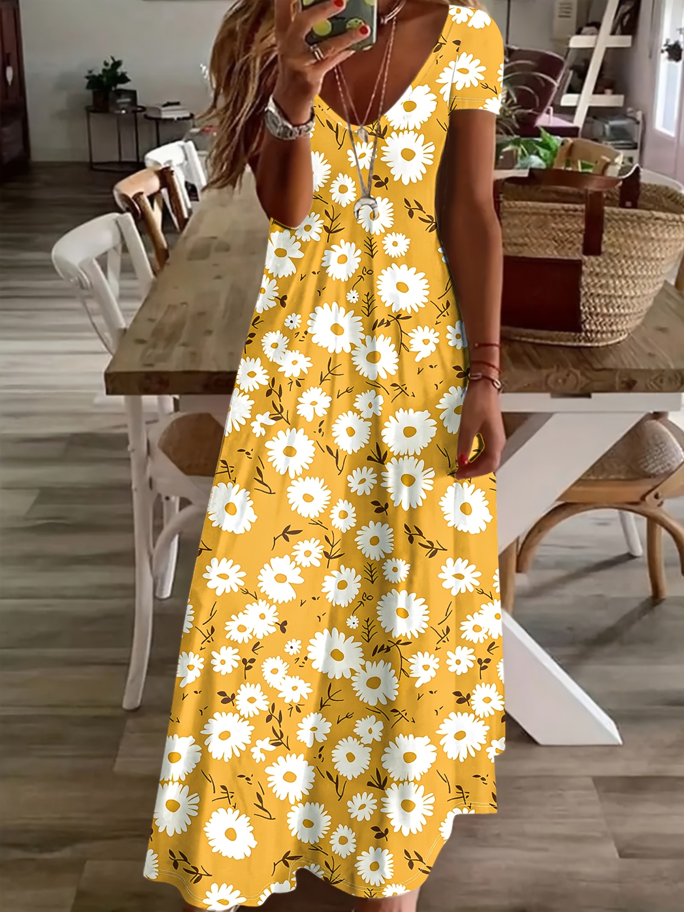 Ženska ležerna žuta elegantna haljina kratkih rukava s printom malog božura