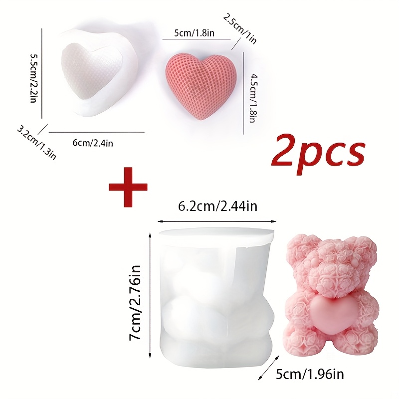 Image of 2pcs Handheld Heart Teddy Bear Silicone Candle Mold, Woven Heart Diy Valentine's Day Gift