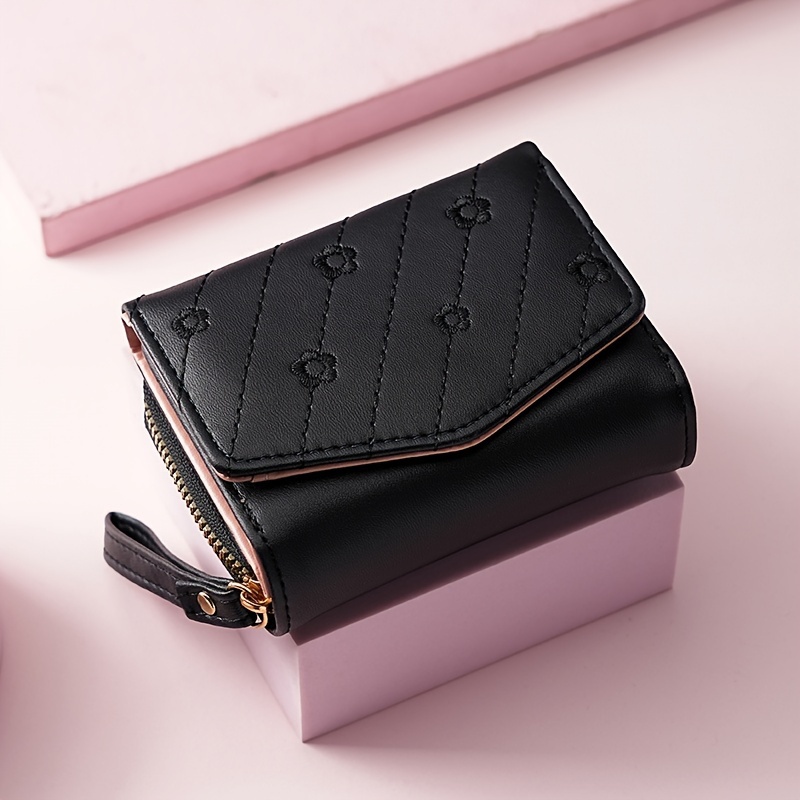 Image of New Women's Short Wallet, Fashionable Embroidered Floral Coin Purse, Multi-functional Zippered Handbag Cardholder, Cute Embroidered Student Bag
