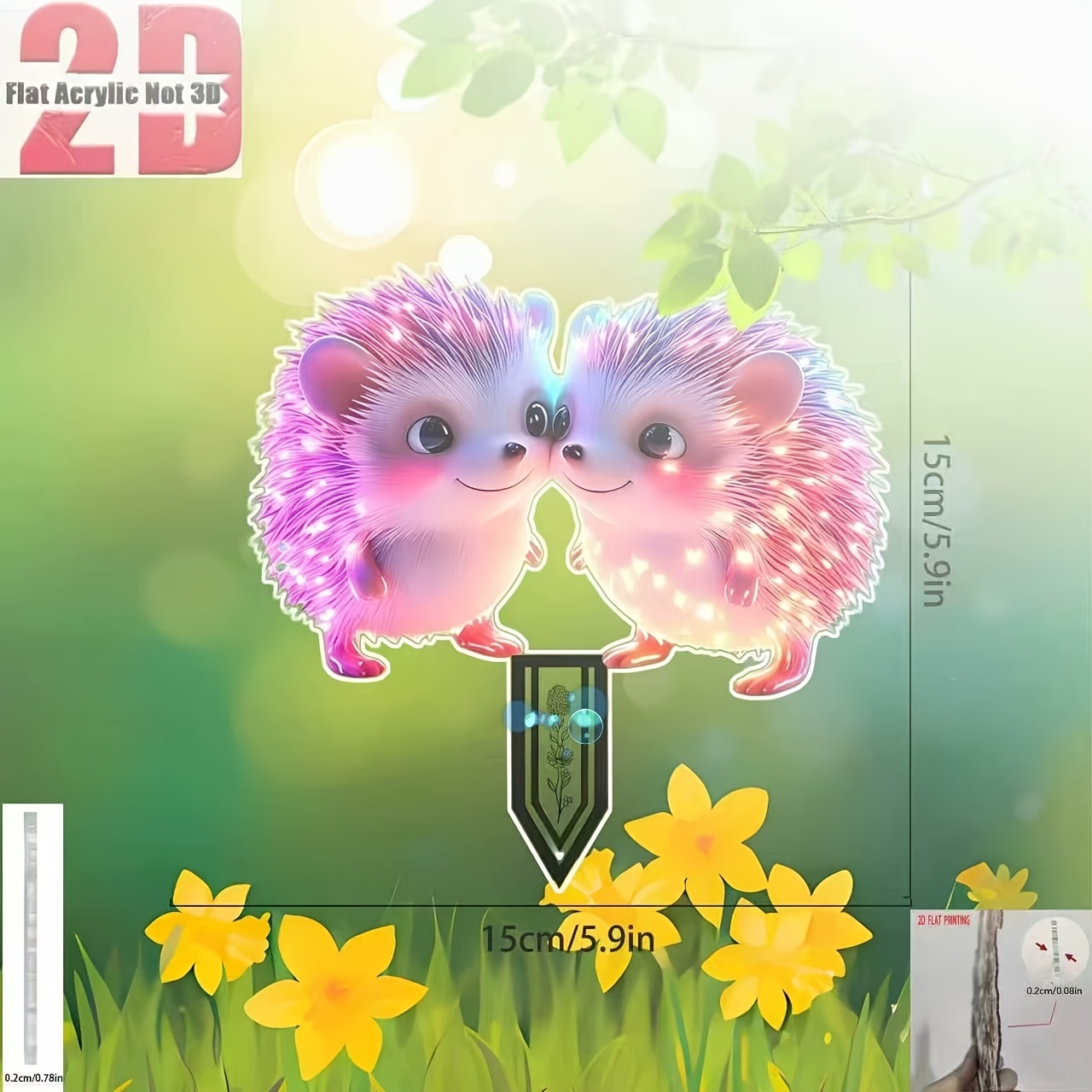 TEMU 2D Plat - 【2D Plat】 2D Plat - [2D Plat] 2D Vlak, 1 Schattige Egel Tuinsteker - Neon Kleurige Lichtgevende Buitendecoratie met Expressieve , Geen