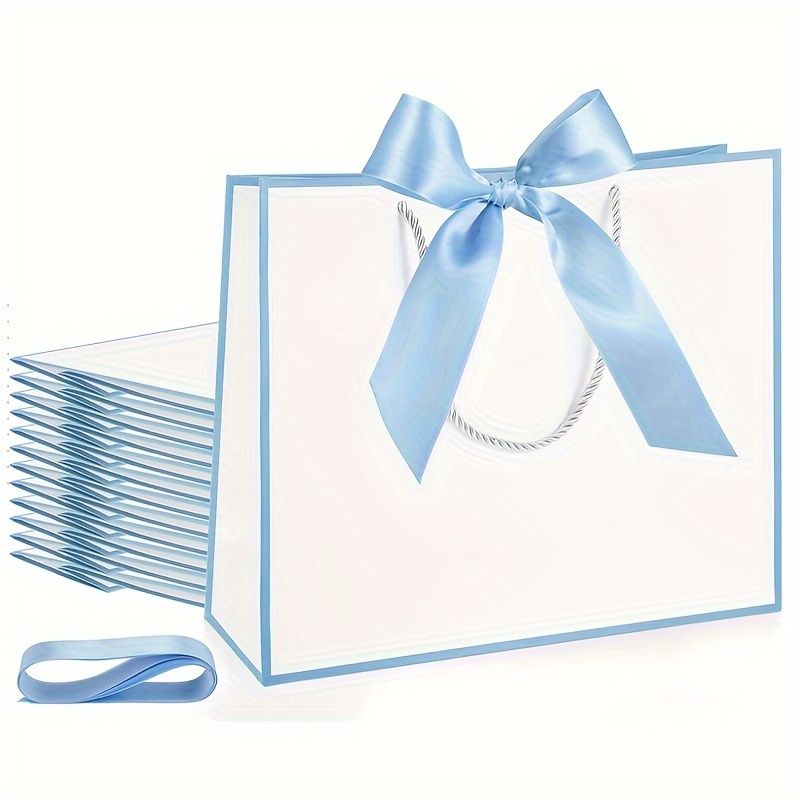 

12 Pcs Thank You Gift Bags With Pull Handle 11.8x10x4 Inch Elegant Gift Bags With Butterfly Ribbon For Wedding Bridesmaid Fall Party Baby Shower Birthday Housewarming Gifts (white, Light Blue)