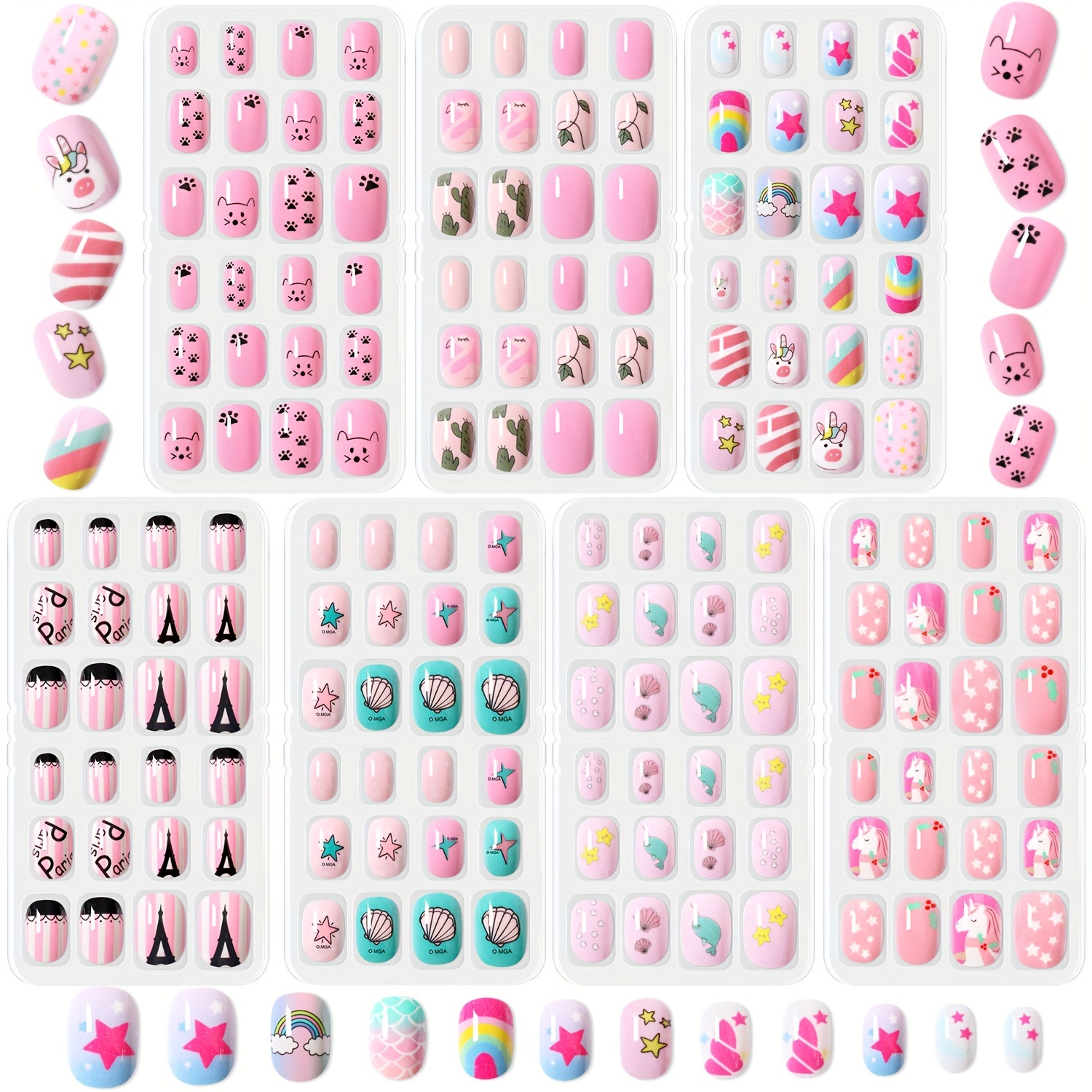 

7 Sets, 168 Pieces, Self-adhesive Pre-glued Kids Press-on Nails Set, Diverse Cute Patterns, Premium Acrylic Material, Safe & Harm-free For Girls