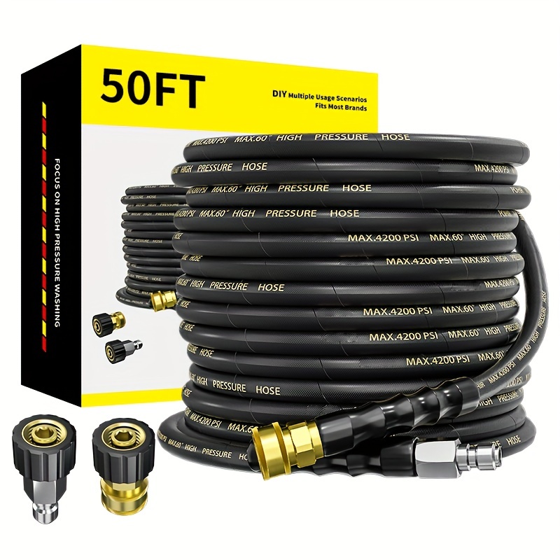 

Pressure Washer Hose 50 Ft With 3/8 Inch Quick Connect, Kink Resistant High Tensile Wire Braided, With 2 Pcs M22 14mm Adapter Set, 4200 Psi Power Washer Hose