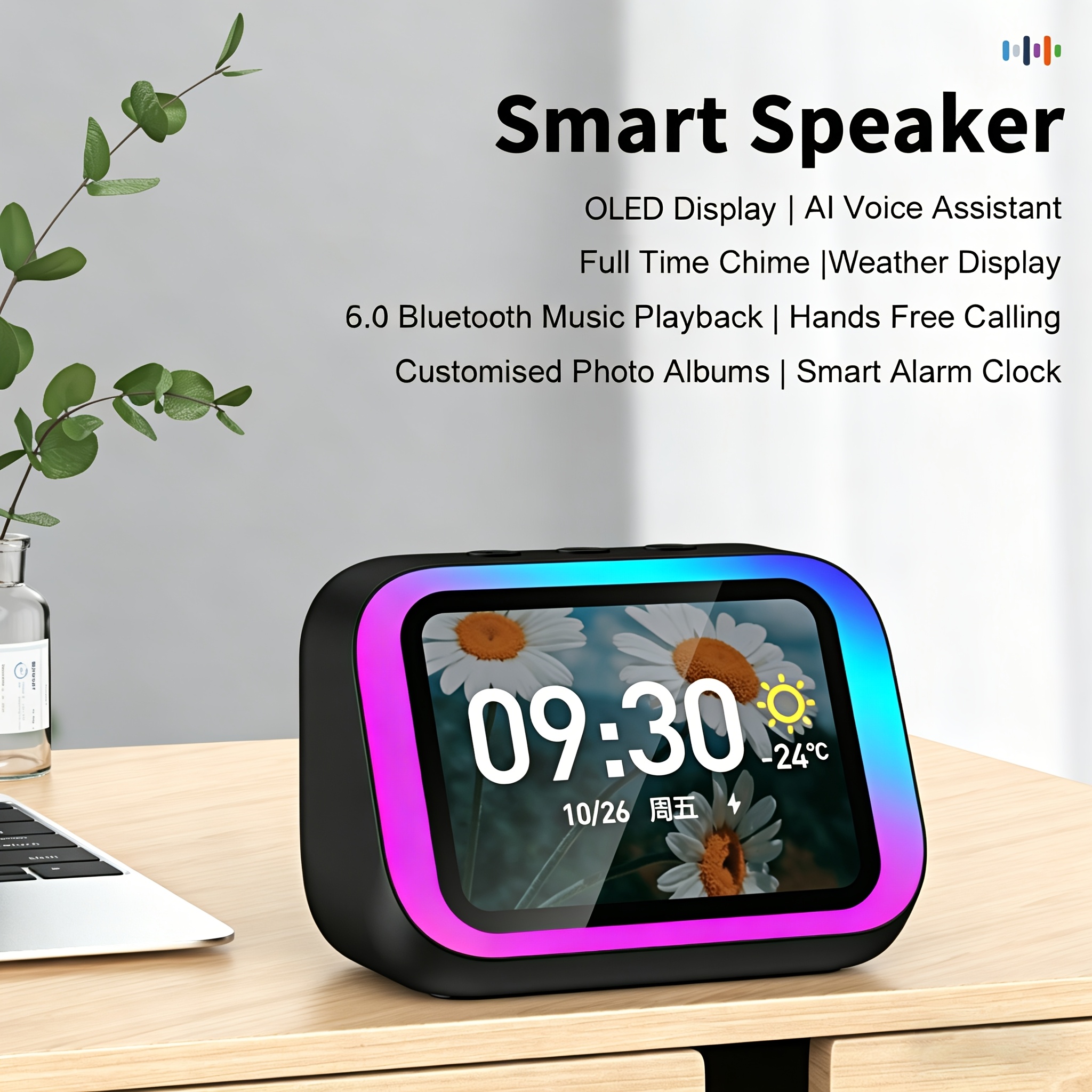 TEMU Ai Smart Speaker, Smart Alarm Clock With Wireless Speaker & Light, , Hd Smart Display, Answer/make Call, , Period , 2500mah Battery, Portable