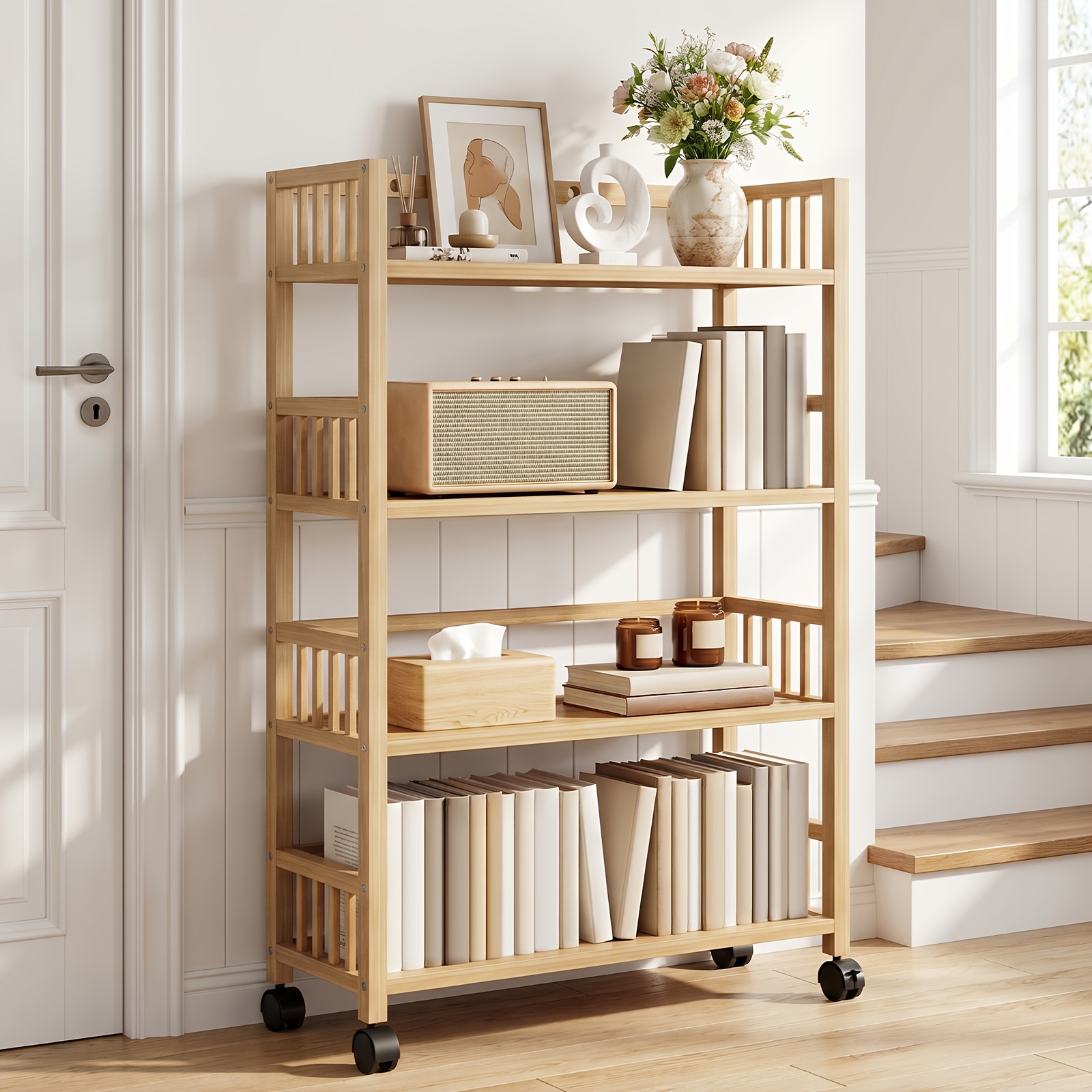 Office Bookshelf Shelving Unit, Sturdy Bamboo 4 Tier Shelf 80cm Height + Reinforced Frame Strong Bearing No Shaking, Natural Storage Rack, Small Footprint Large Capacity, For Office Study Living Room