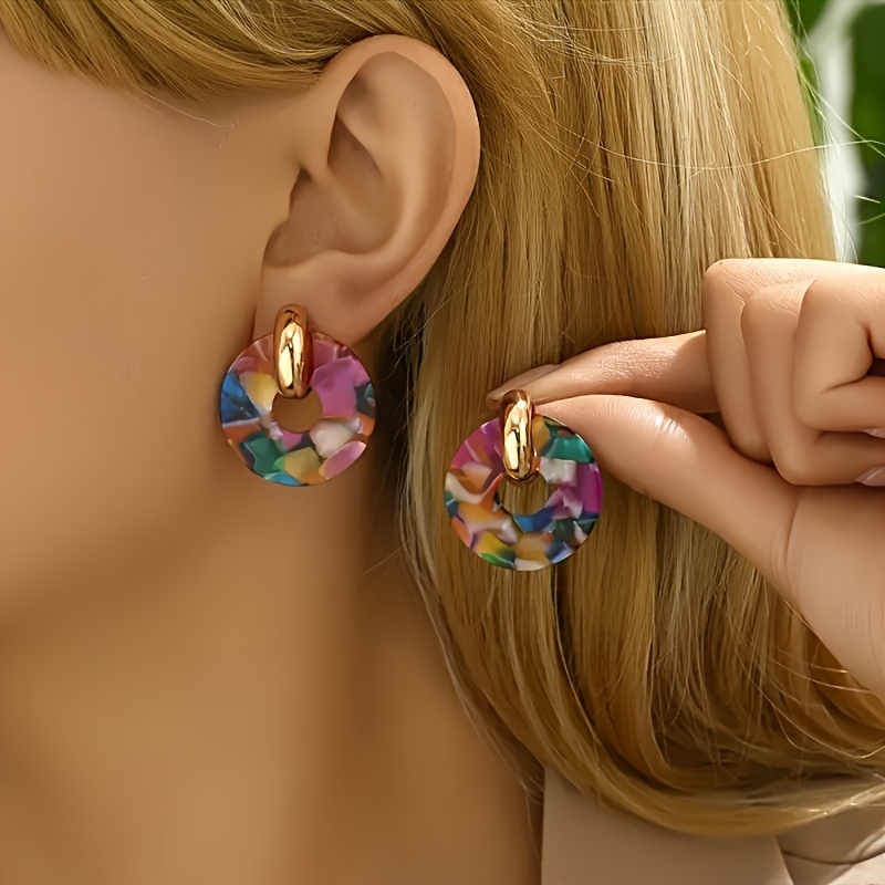 TEMU 1 Paire de boucles d'oreilles minimalistes et polyvalentes de style western bohème, imprimé léopard contrasté tie-dye multicolore, design