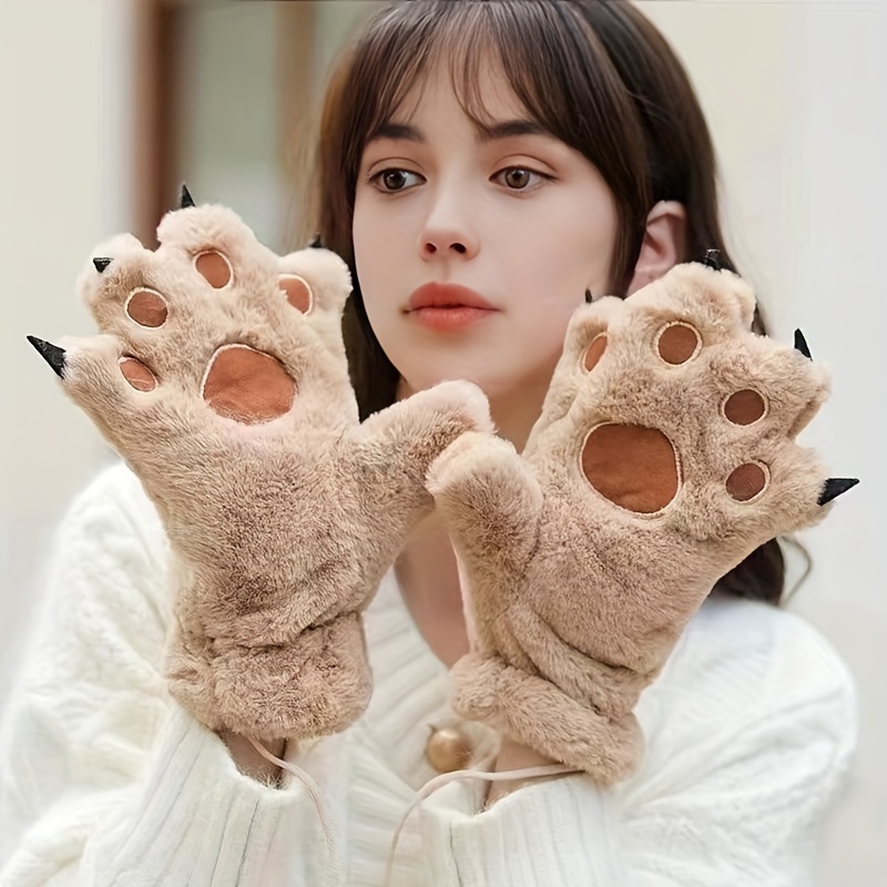 

2pairs New Plush Gloves For Winter Students Cute Bear Paw With Plush And Thickened Cat Claw For Warmth Hanging Neck Riding Gloves Outdoor Ski Gloves