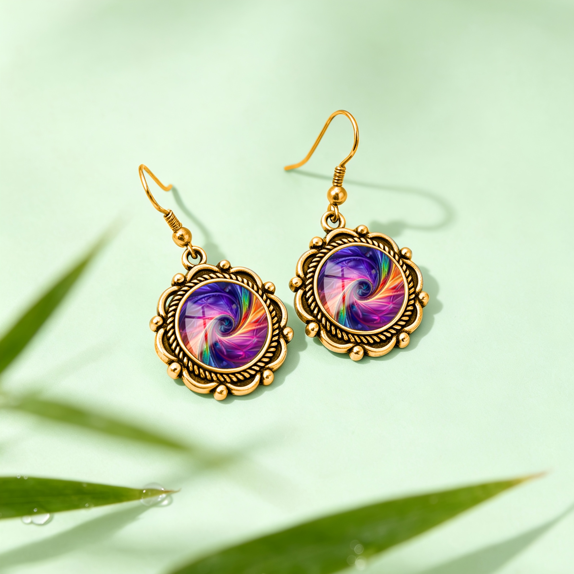 Women's Iridescent Swirl Pattern Earrings with Lace Trim