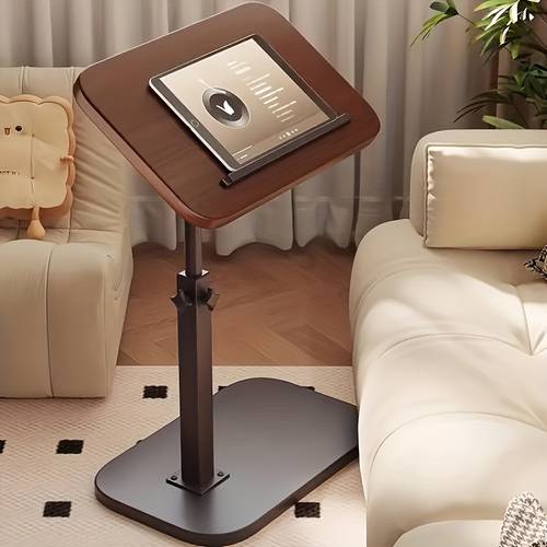 c shaped side table that rotates 360 featuring an adjustable height and a sturdy wooden and with a walnut end and hdf heavy duty table has a four wheel rolling storage it ideal for use with sofas beds