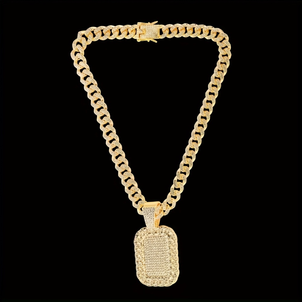 TEMU 2 Luxurious Golden Cuban Chain Necklaces With Sparkling Dog Tag Pendants - Alloy, Suitable For Casual Attire And Music Festivals, Ideal Gift.