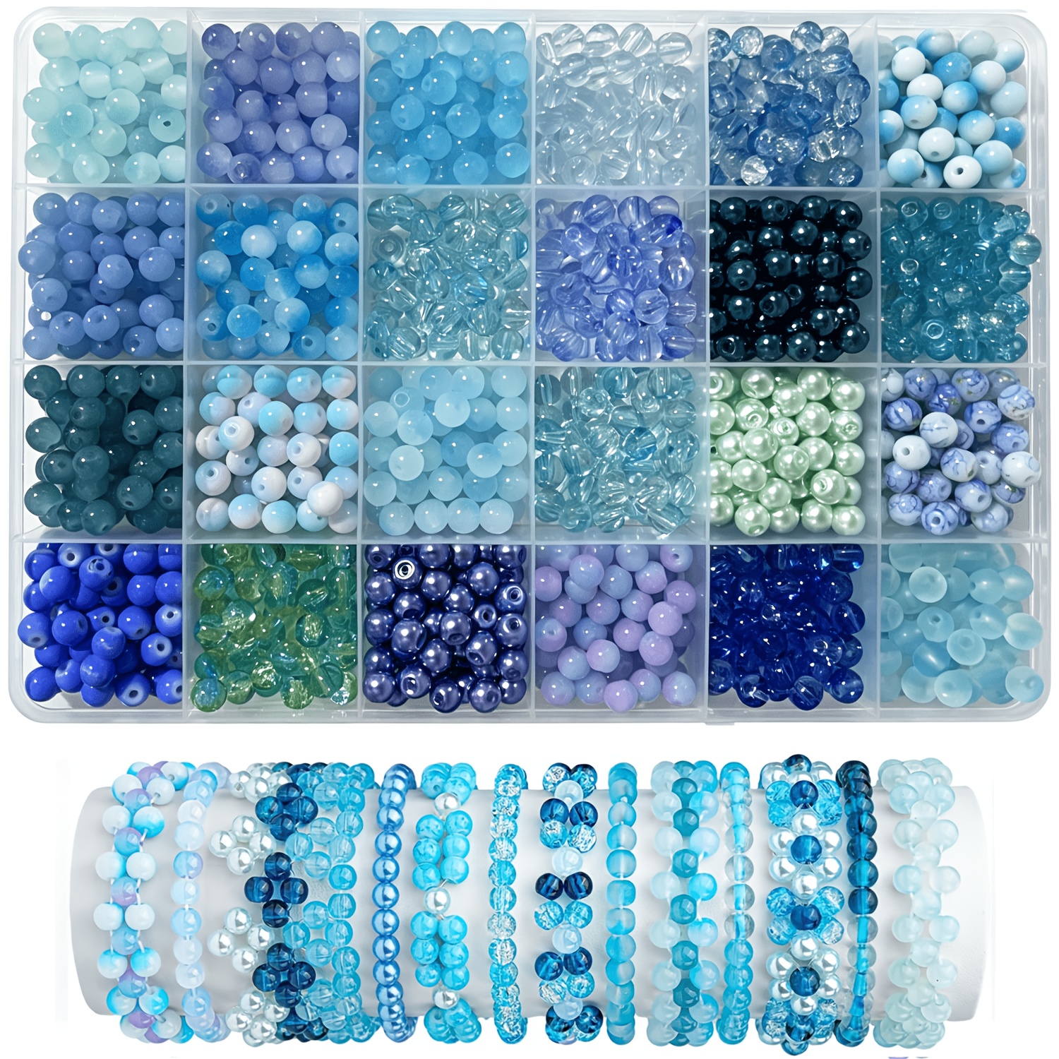 TEMU 1200pcs Perles Microbilles en Verre Bleues 6mm, Lot de 24 Grilles, Texture Délicate de Couleur Bleu Ciel, Fabrication de Bijoux DIY, Convient