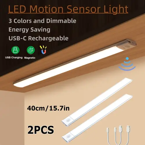 2 magnetic led motion sensor cabinet lights usb rechargeable 3 color warm cool white dimming energy long closets wardrobes under cabinet stairs and