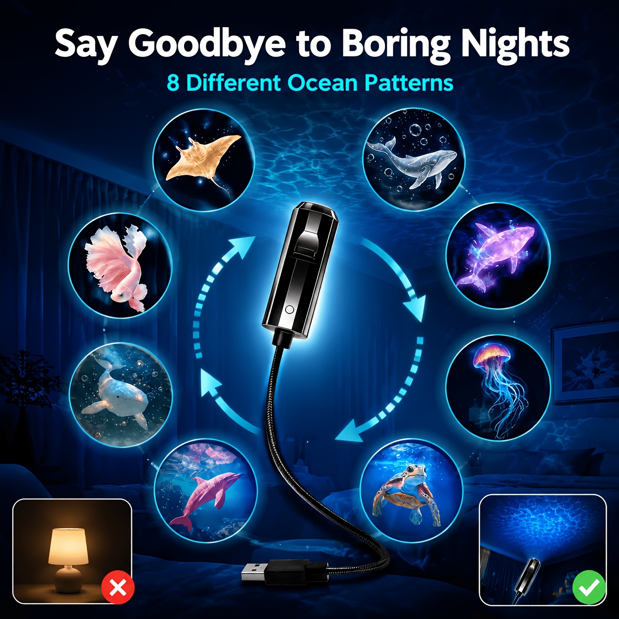 8pcs Replaceable Projection Film Usb Mini Projector Light, Ocean & Night Light, Flexible Gooseneck, Touch Control, Bedroom, Car, Party & Holiday Decor