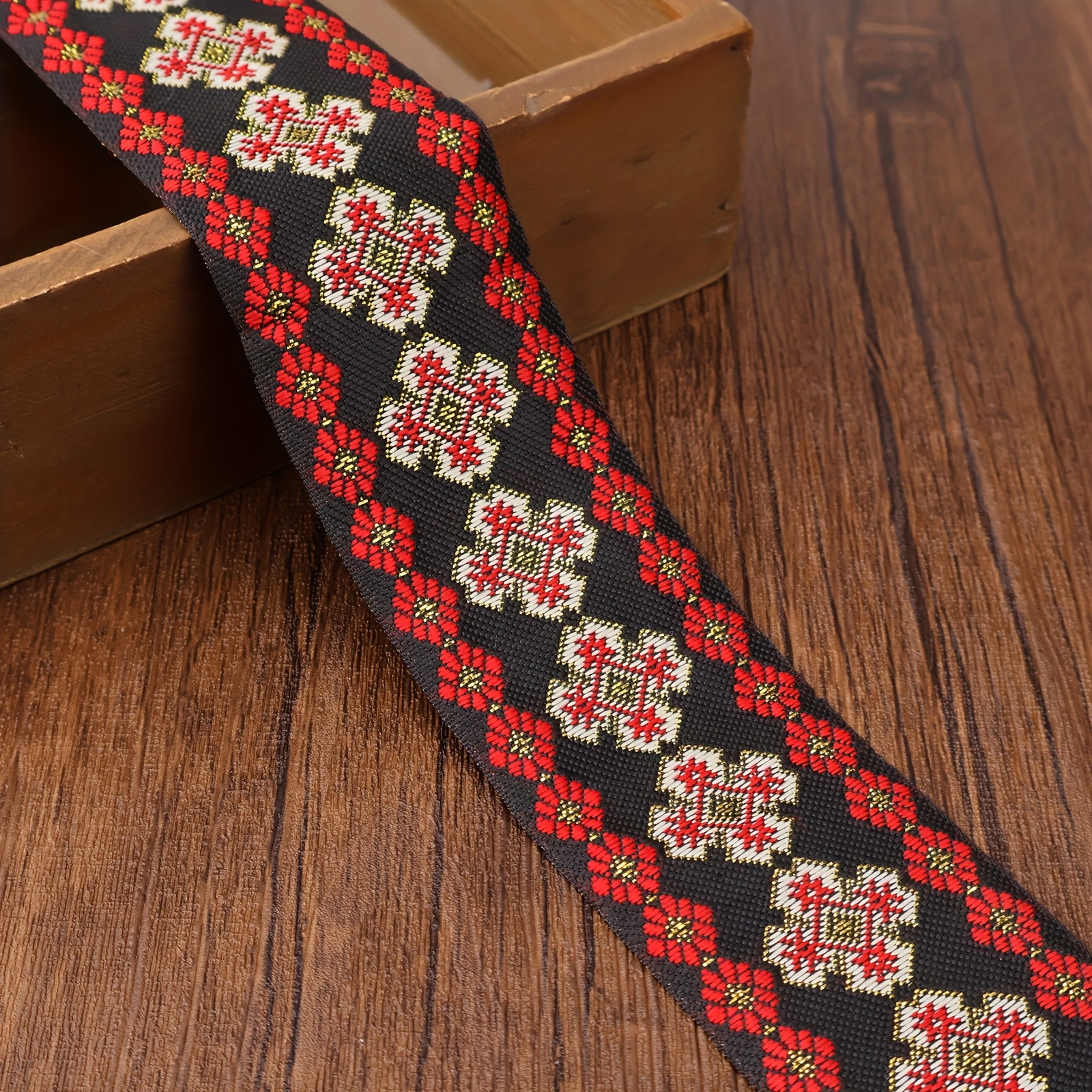 Decorative Embroidered Trim Ribbon, Floral Pattern, Black And Red, 4 Styles