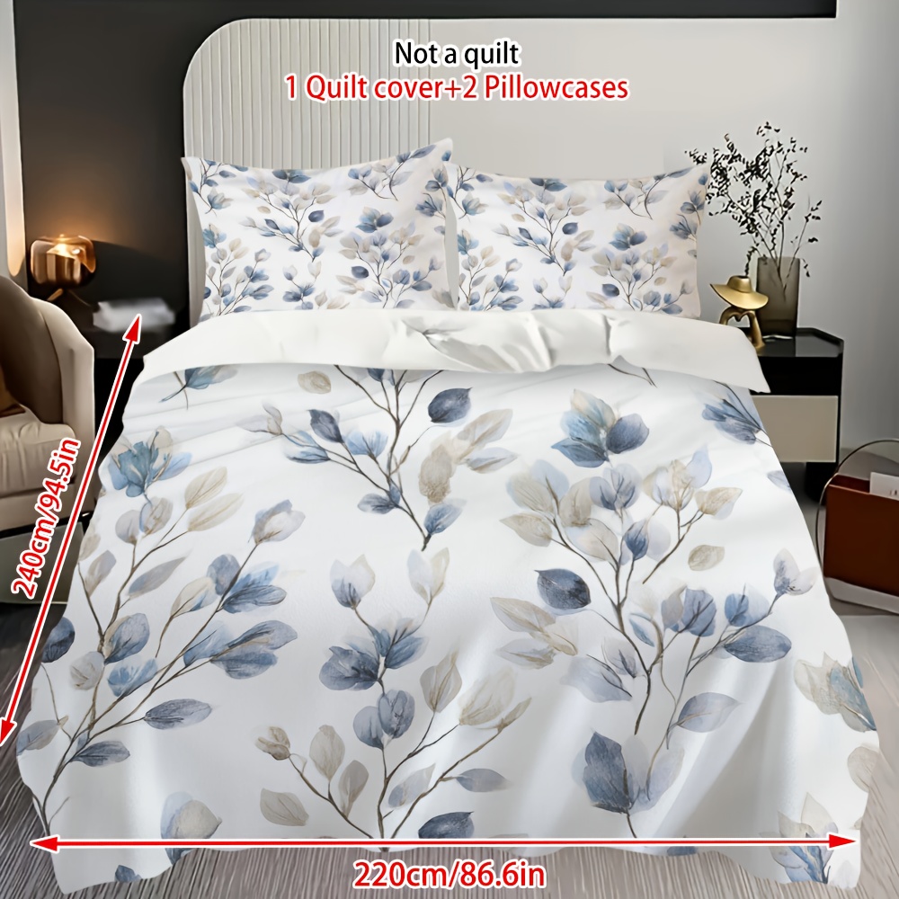 TEMU Set Of 3pcs Featuring A 2d Flat Print Of Fresh And Easy Leaves, Including 1 Duvet Cover And 2 Pillowcases (core Not Included). Made From Soft,