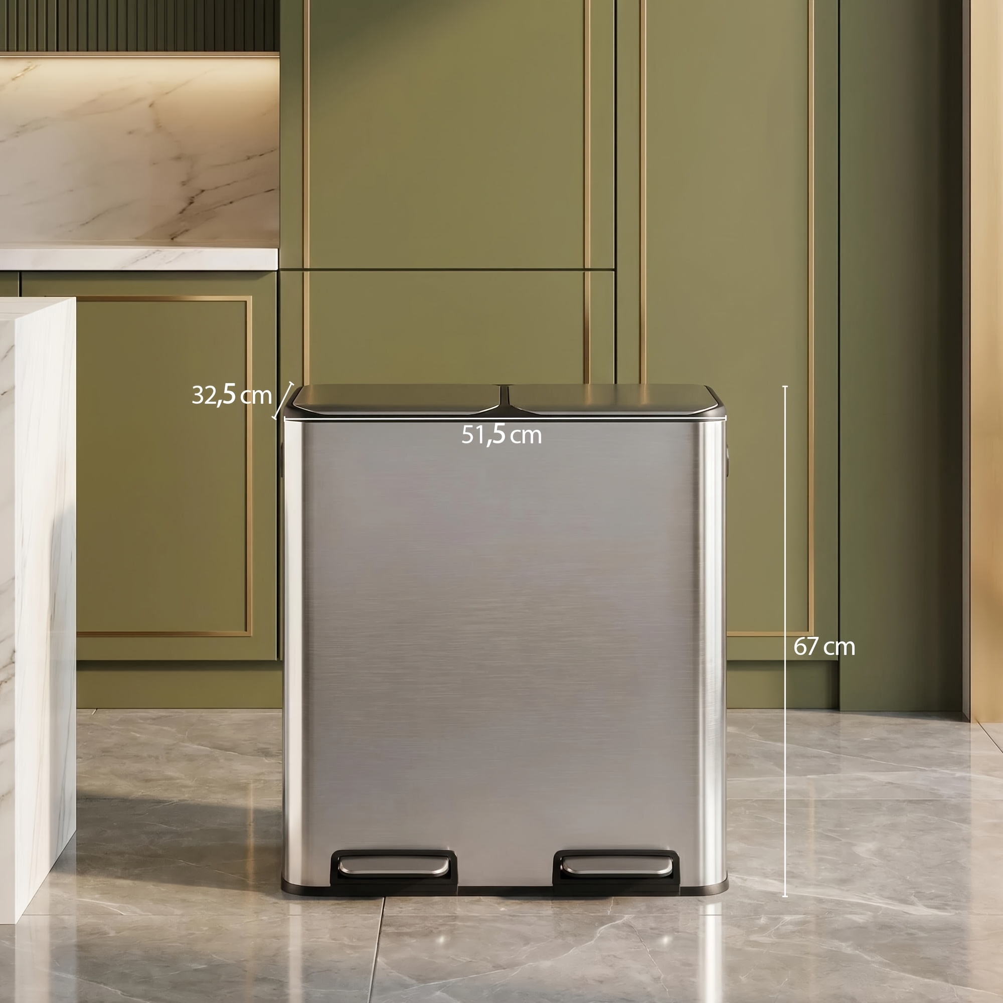 Modern Pedal Trash Can, Silent And Slow-moving Lid, Stainless Steel 60-liter Capacity (two 30-liter Bins), 15 Trash Bags, Suitable For Kitchen And Living Room.