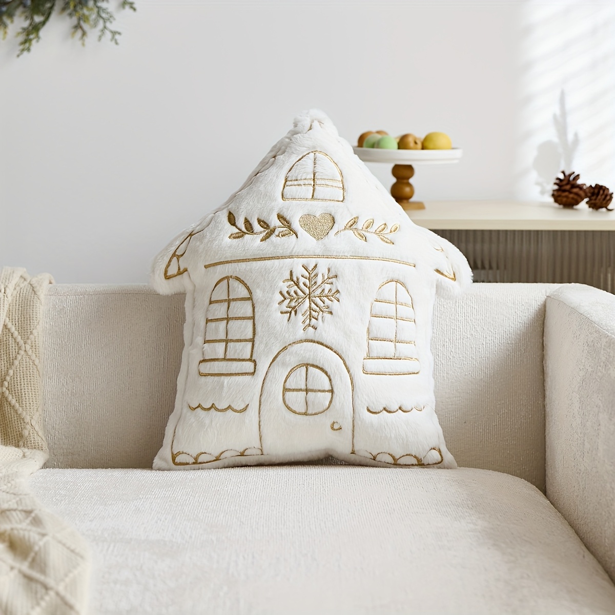 Image of 1pc, Christmas Shaped Pillowcase, Shaped House Christmas Throw Pillow Covers, Single Side Embroidery, Suitable For Sofa, Living Room, Bedroom Home Decoration, No Pillow Core
