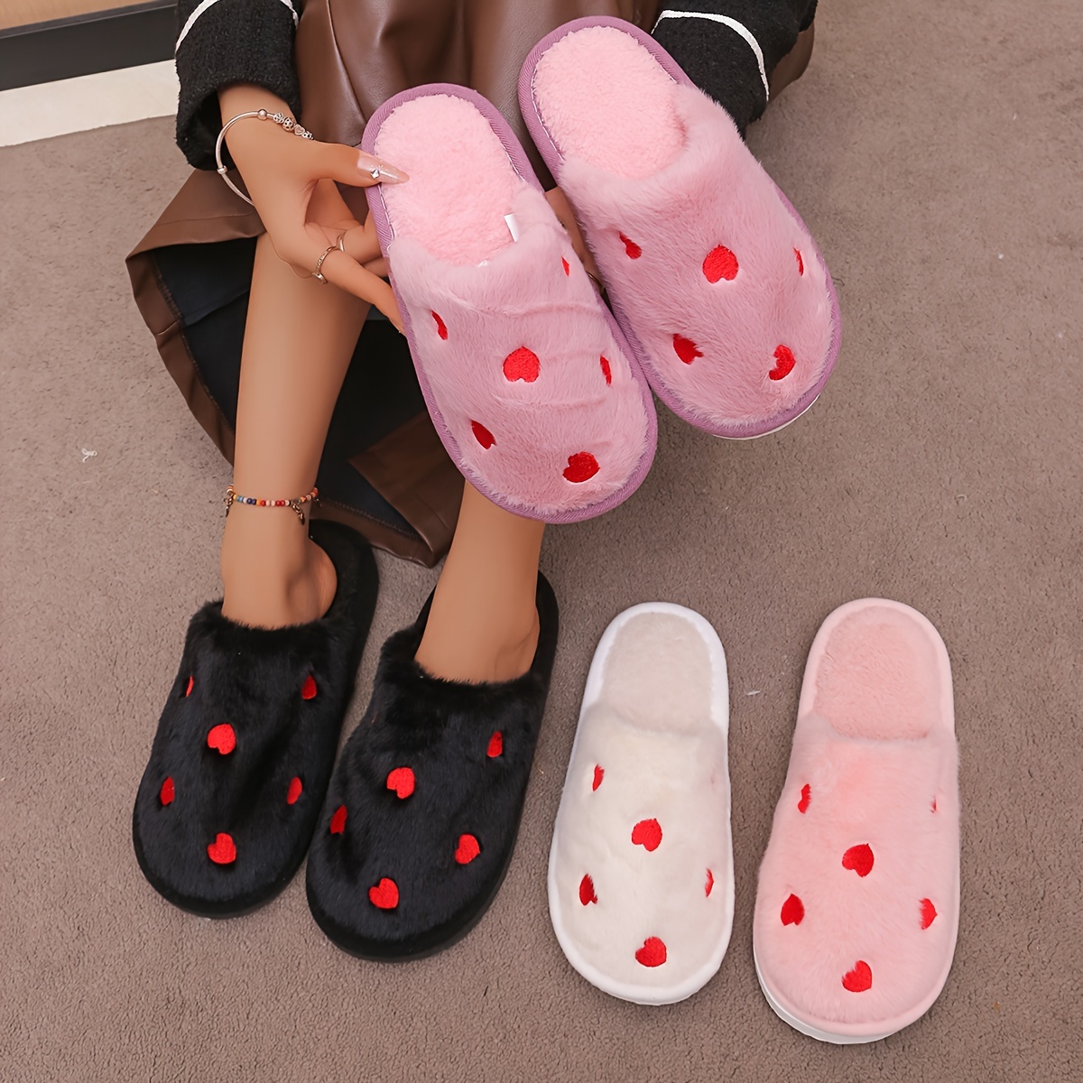

Cozy Heart-patterned Slippers For - Warm, Comfortable Indoor Shoes With Non-slip Eva Sole, Fall & Winter